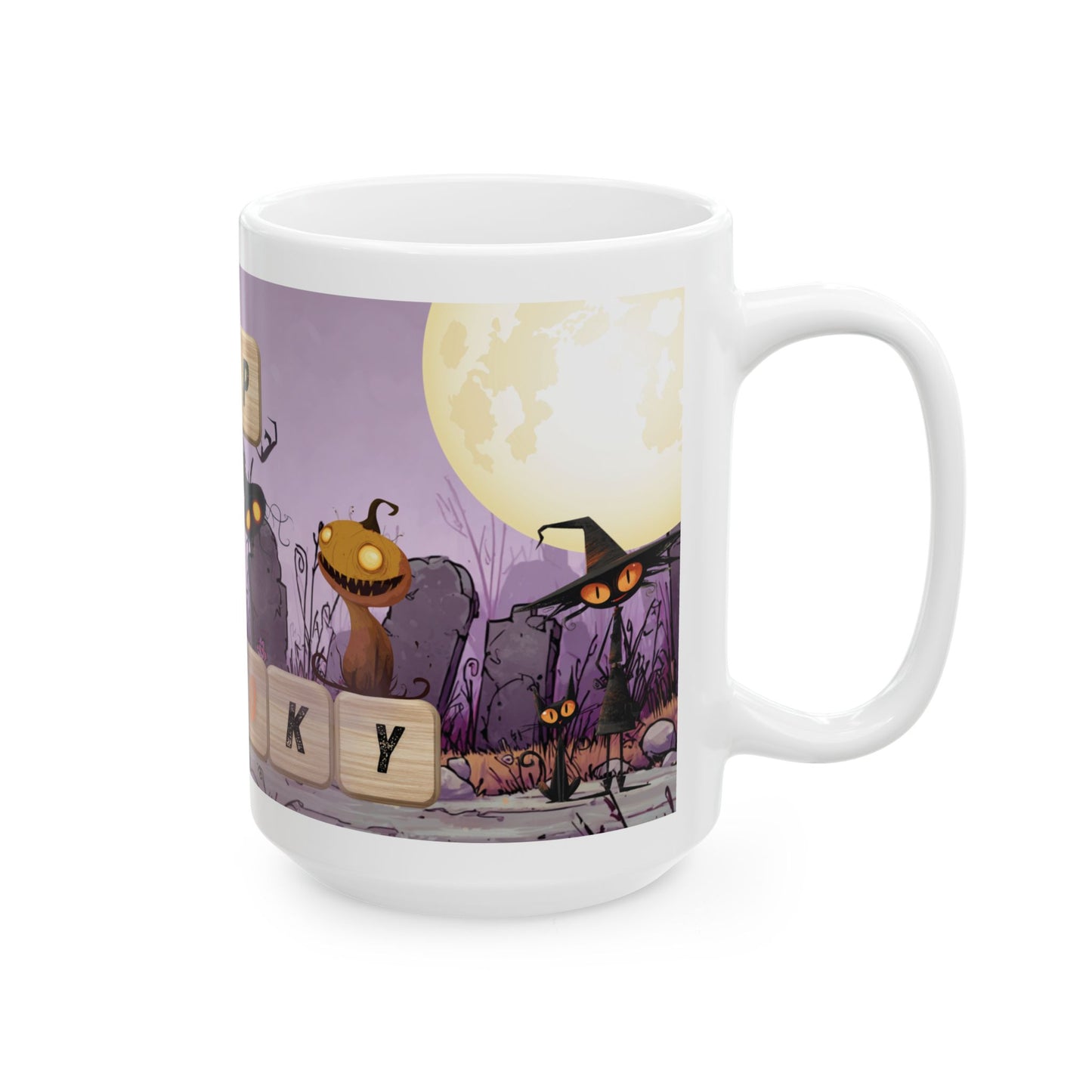 Sip Into Spooky Halloween Mug, Funny Scrabble Tile Coffee Cup, Cute Monster Design, Fall Gift for Coffee Lovers, Dishwasher Safe