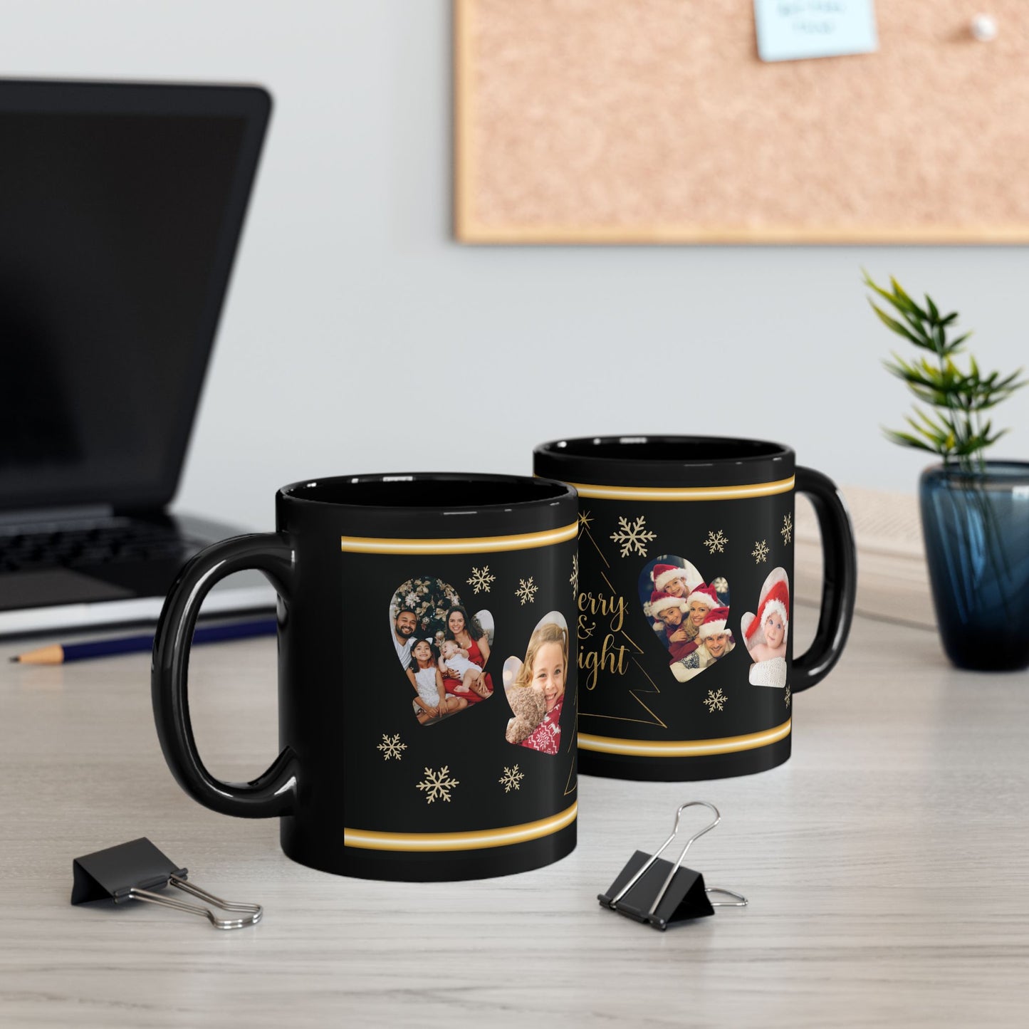 Personalized Christmas Photo Mug, Custom Holiday Picture Coffee Cup, Merry & Bright Gold Wrap Design, 11oz & 15oz