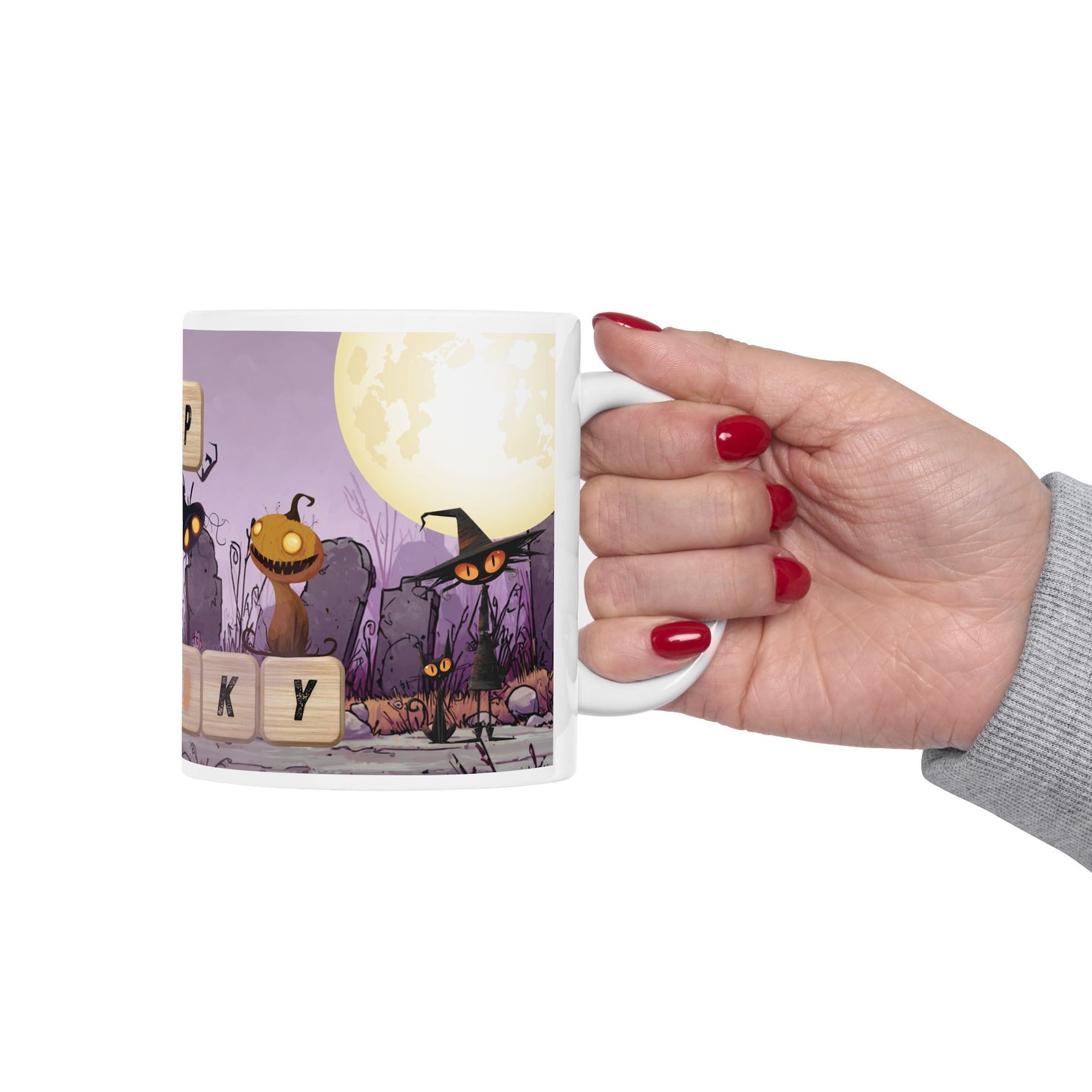 Sip Into Spooky Halloween Mug, Funny Scrabble Tile Coffee Cup, Cute Monster Design, Fall Gift for Coffee Lovers, Dishwasher Safe