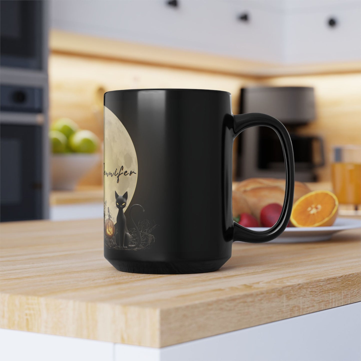 Personalized Halloween Witch Mug with Black Cat & Moon – Custom Name – 11oz / 15oz Black Glossy Ceramic Coffee Cup