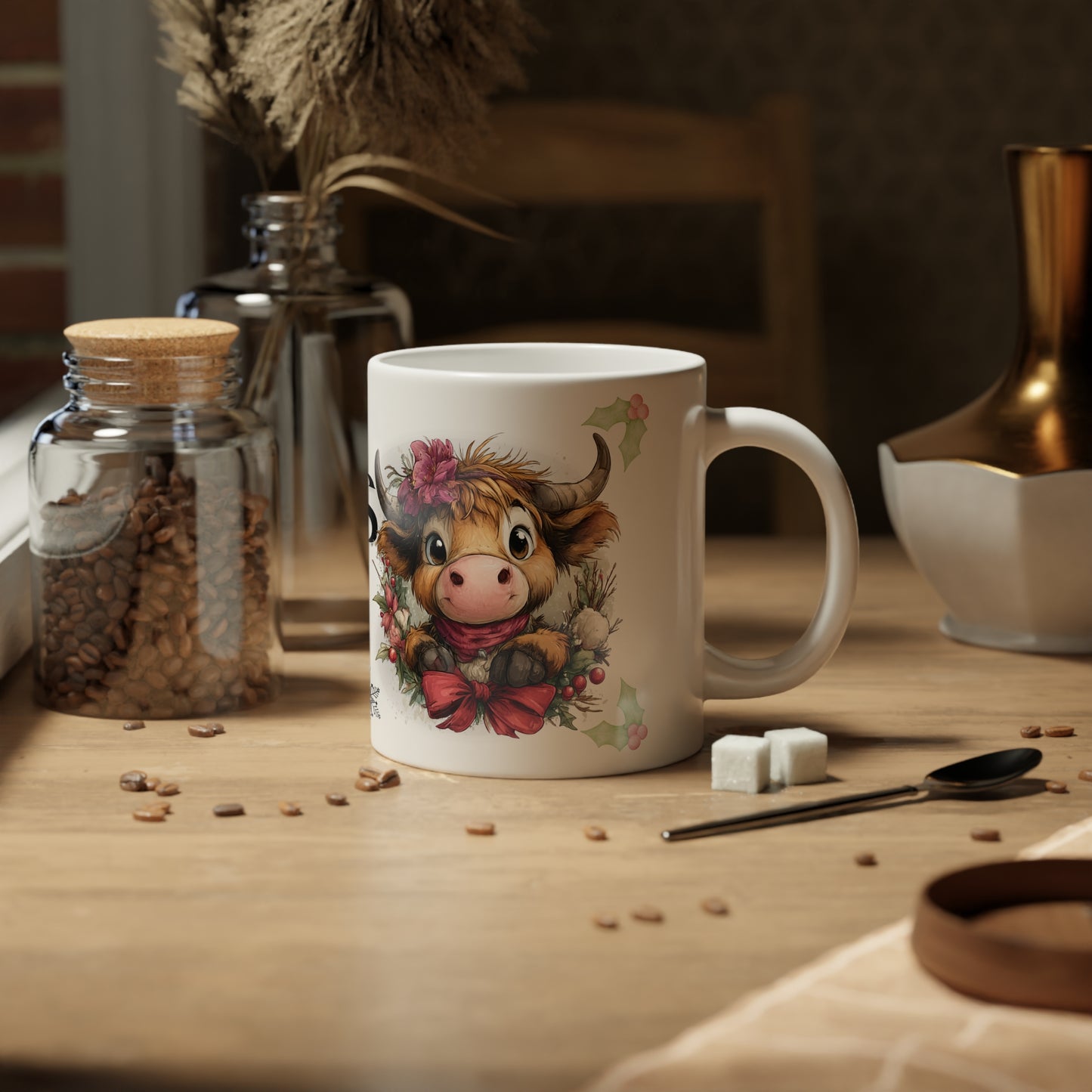 Moo-rry Christmas 20oz Jumbo Mug , Cute Highland Cow Holiday Coffee Cup, Christmas Gift for Cow Lovers