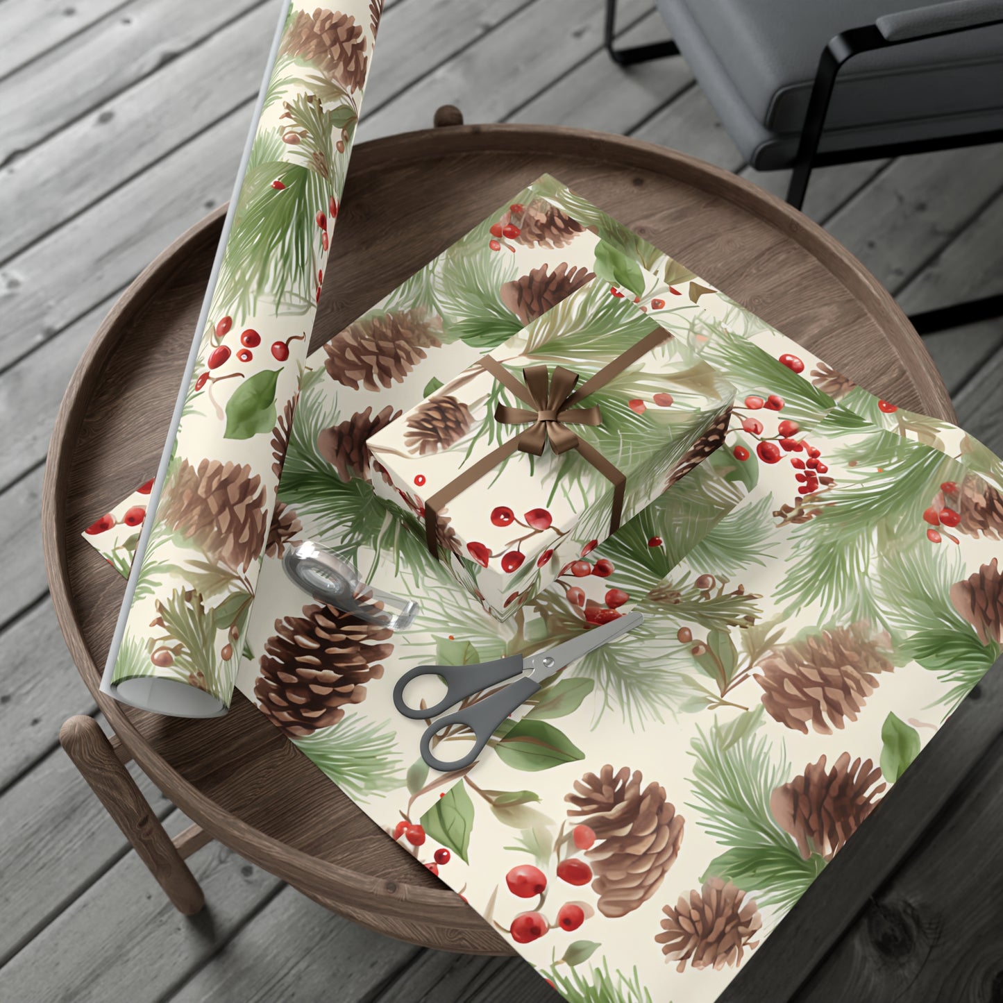 Holiday Gift Wrap Paper, Pinecones and Berries, Eco-Friendly Wrapping Paper, Christmas Gifts, Seasonal Decor, Handmade Wrapping