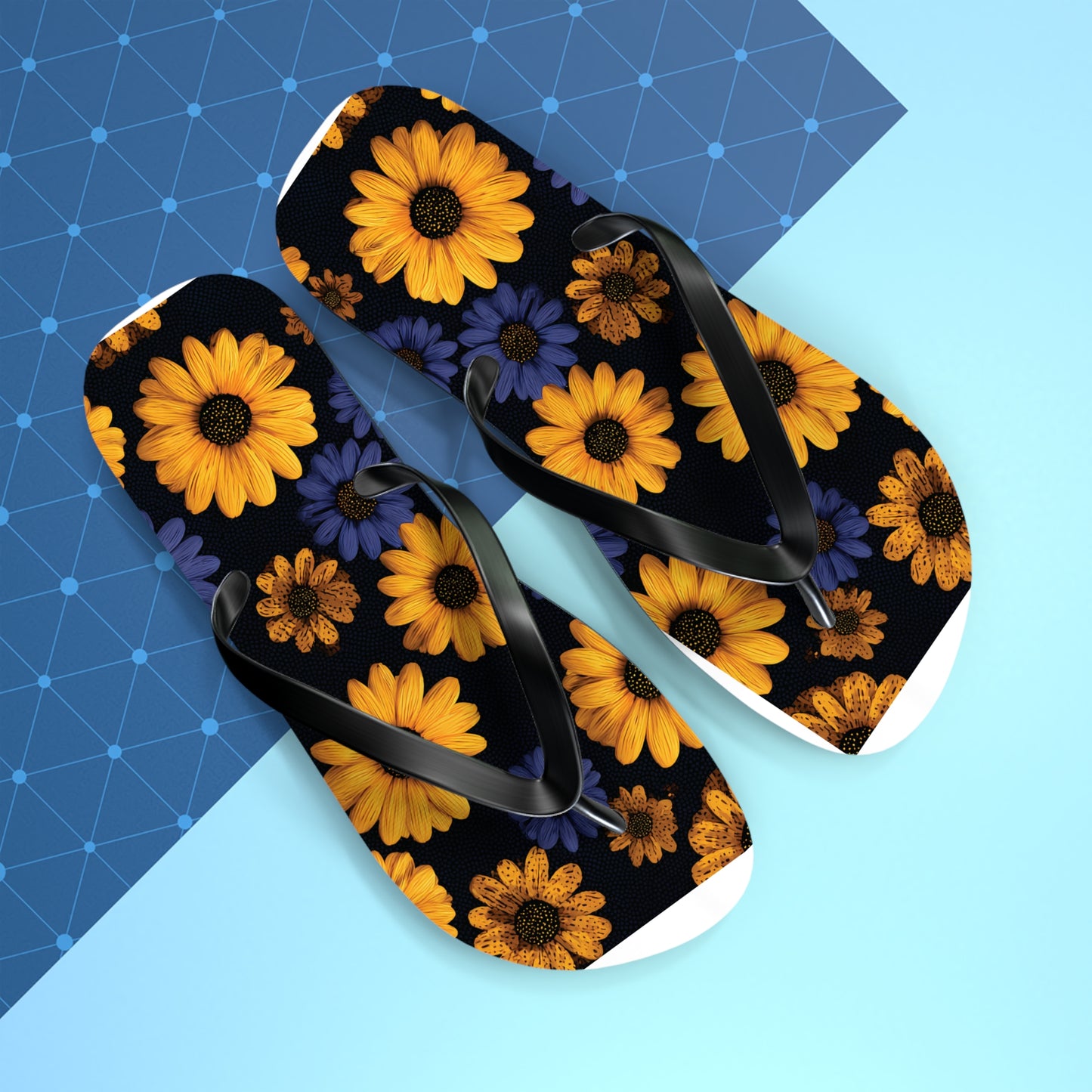 Flip Flops - Daisy Flower Seamless Pattern Retro 90s Vibe Yellow Navy Blue Black