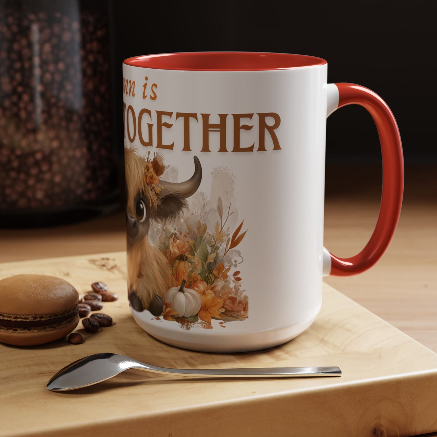 Autumn is Better Together Highland Cow Accent Coffee Mug Fall Mama and Baby Cow Cup White Ceramic with Color Handles 11oz or 15oz