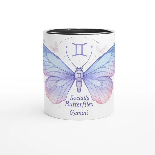 Zodiac Gemini  - Socially Butterflies - White 11oz Ceramic Mug with Various Color Options  Inside | Unique Everyday Designz Home, Gifts & Apparel A Lid for Every Pot ~Everyday Designz~