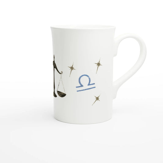 Zodiac Libra - Perfectly Unbalanced - Blue Lettering - White 10oz Porcelain Slim Mug | Unique Everyday Designz Home, Gifts & Apparel A Lid for Every Pot ~Everyday Designz~