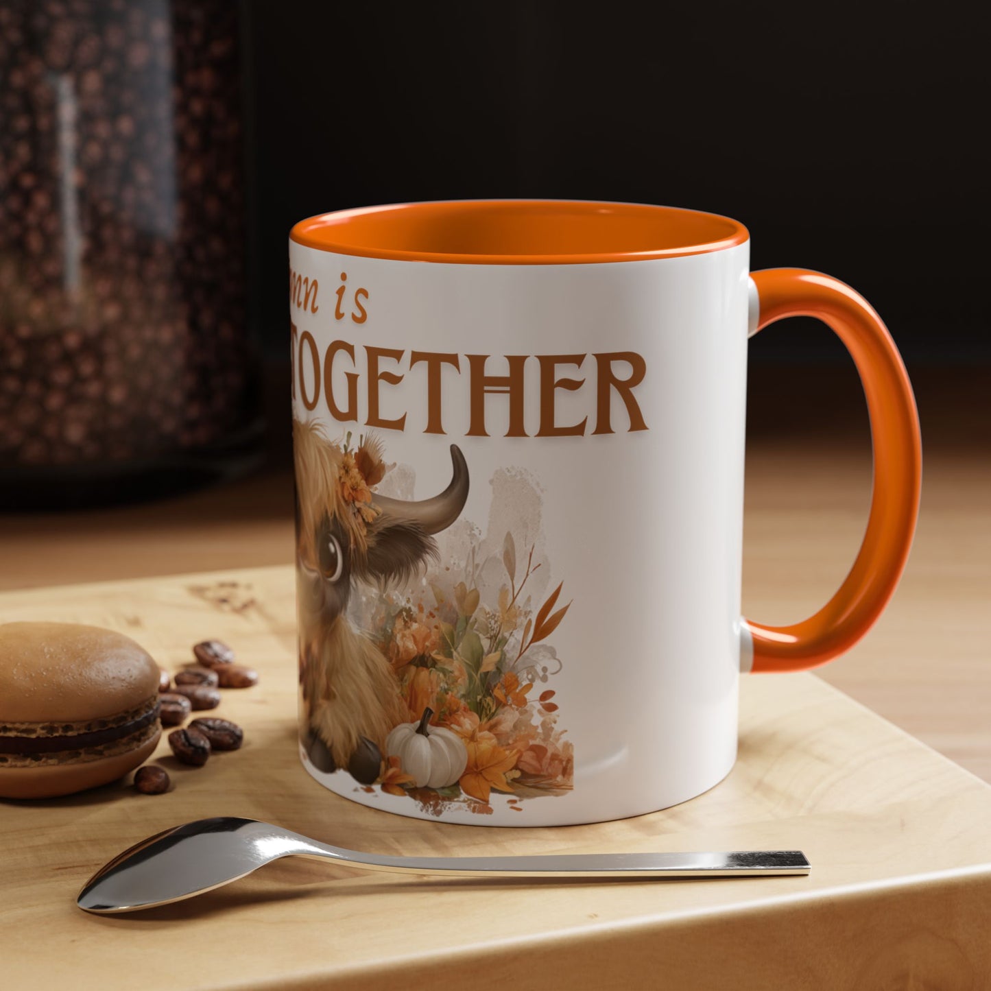 Autumn is Better Together Highland Cow Accent Coffee Mug Fall Mama and Baby Cow Cup White Ceramic with Color Handles 11oz or 15oz