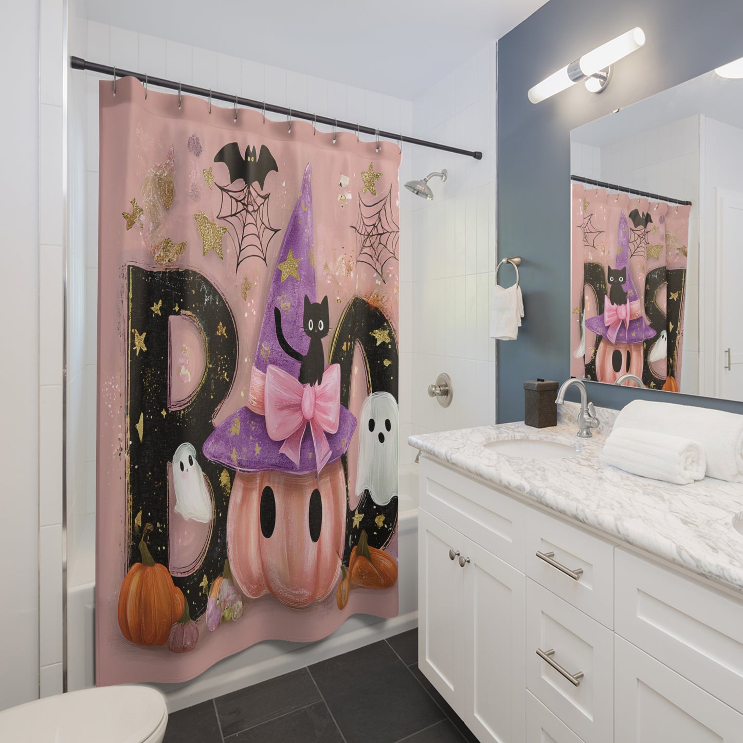 Halloween Decor Shower Curtain, Spooky Bathroom Ideas, Cute Jack-o'-Lantern, Witch Theme, Kid-Friendly