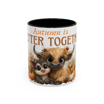 Autumn is Better Together Highland Cow Accent Coffee Mug Fall Mama and Baby Cow Cup White Ceramic with Color Handles 11oz or 15oz