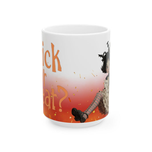 Halloween Themed Ceramic Mug - Trick or Treat Design, Cozy Gift, Spooky Decor, Fall Sipware, Festive Coffee Cup Printify