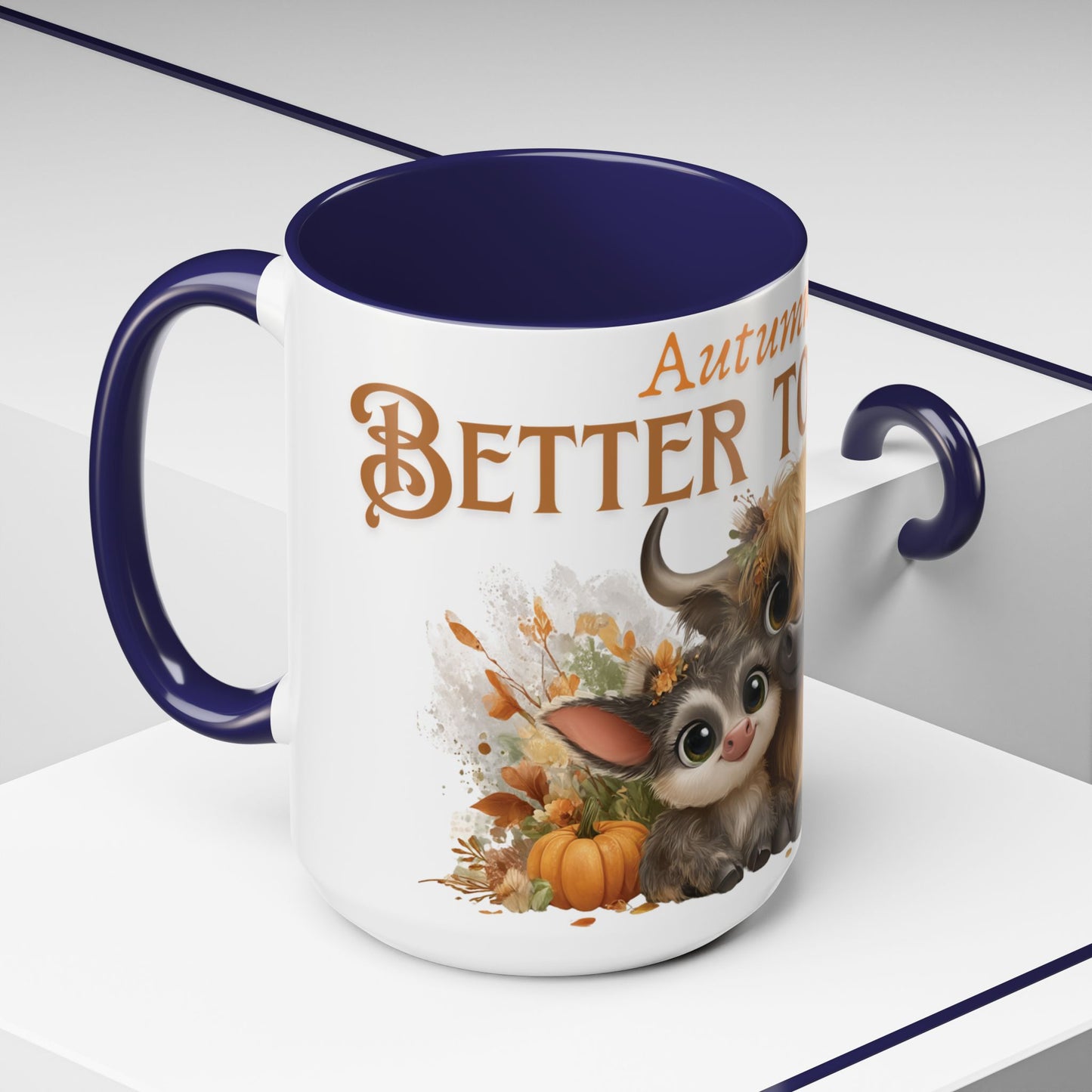 Autumn is Better Together Highland Cow Accent Coffee Mug Fall Mama and Baby Cow Cup White Ceramic with Color Handles 11oz or 15oz