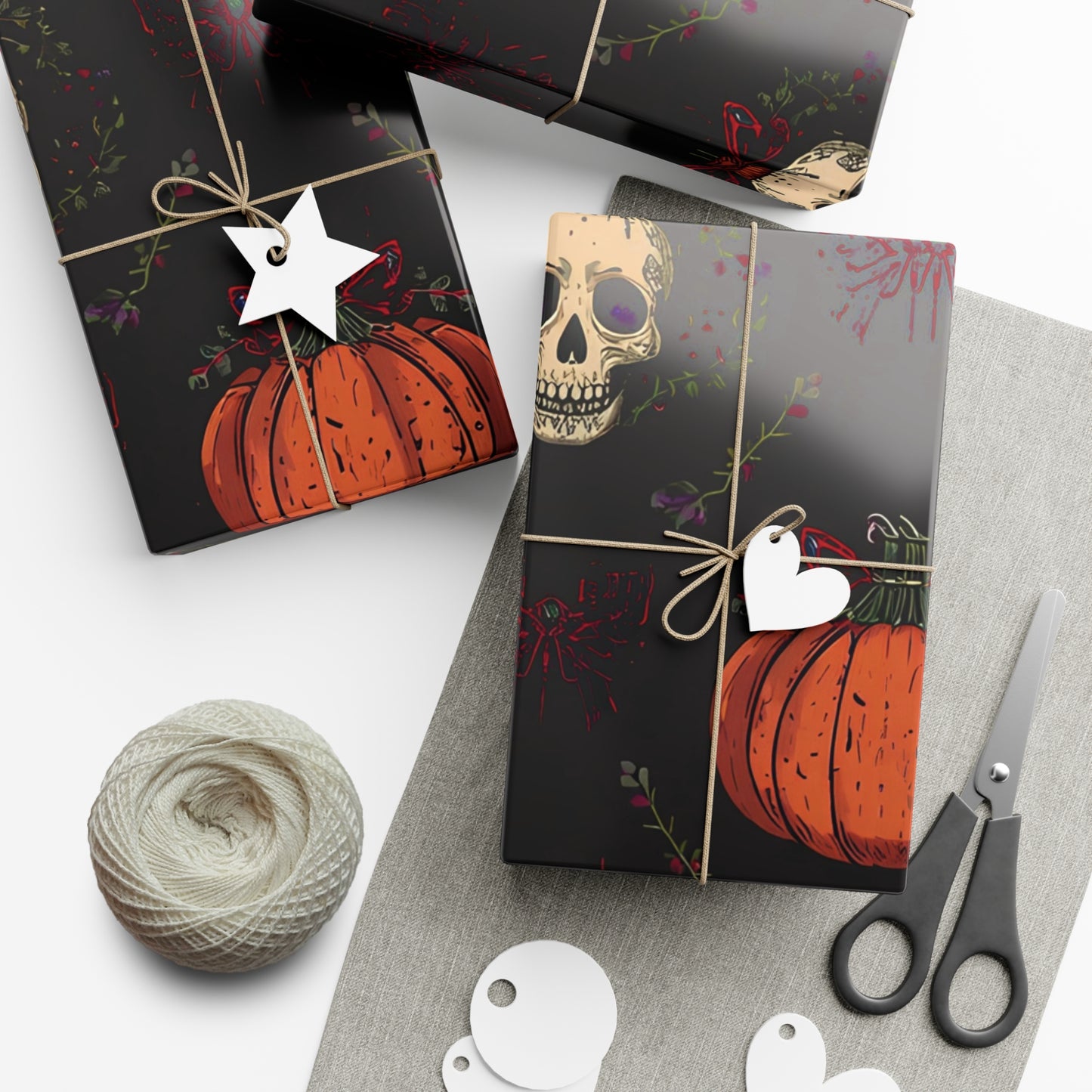 Hollyween Christmas Wrapping Paper – Gothic Holiday Gift Wrap with Skulls, Pumpkins & Bows