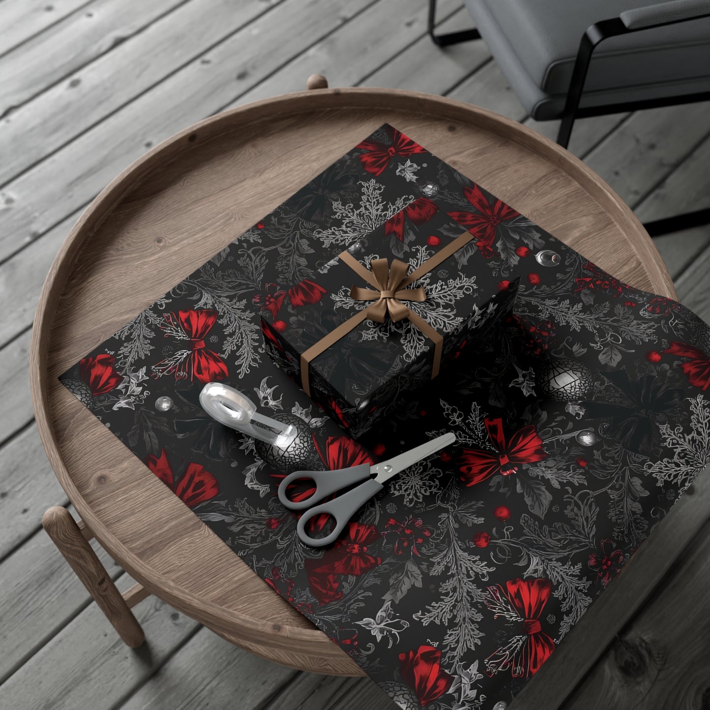 Elegant Victorian Gothic Christmas Wrapping Paper – Dark Holiday Gift Wrap with Red Bows & Snowflakes