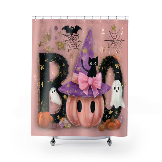 Halloween Decor Shower Curtain, Spooky Bathroom Ideas, Cute Jack-o'-Lantern, Witch Theme, Kid-Friendly