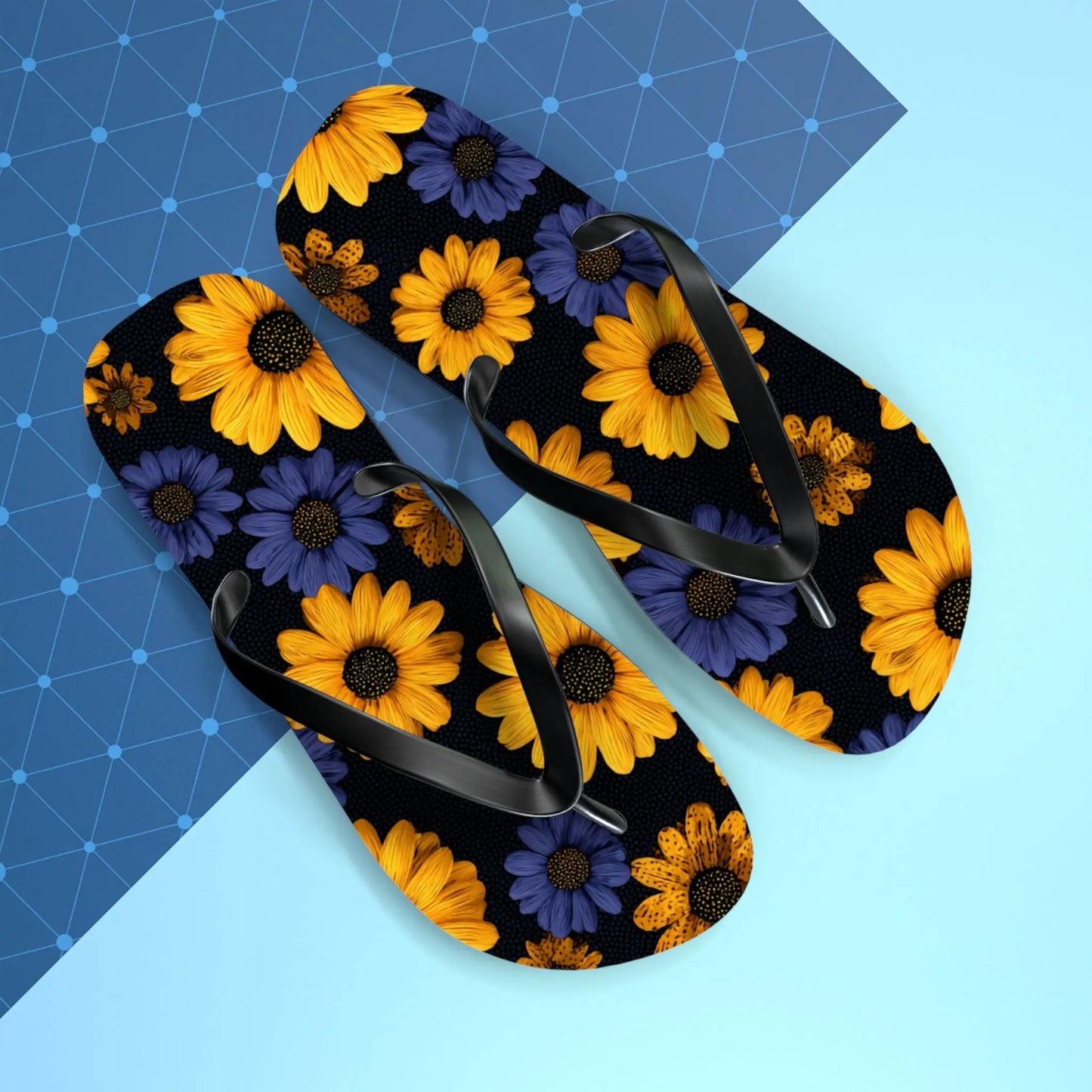 Flip Flops - Daisy Flower Seamless Pattern Retro 90s Vibe Yellow Navy Blue Black Printify