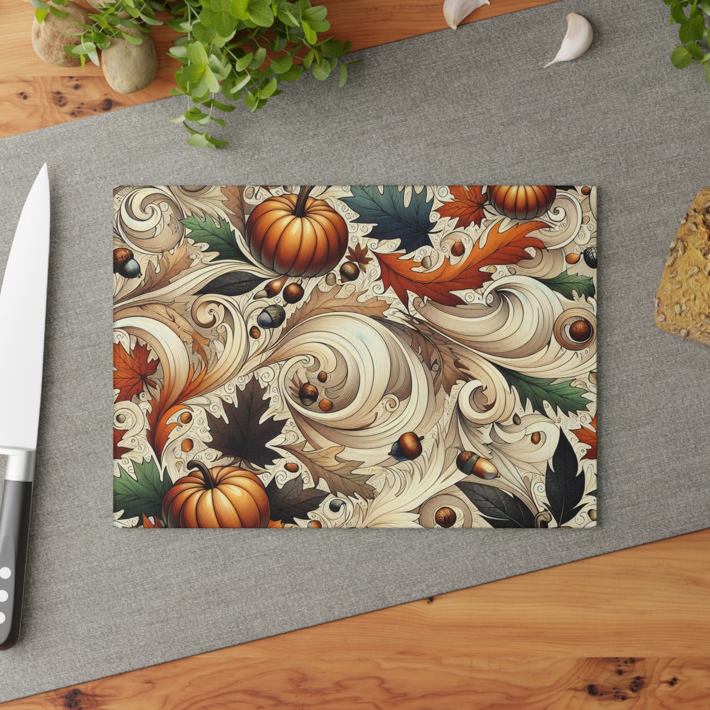 Autumn-Themed Glass Cutting Board, Fall Kitchen Decor, Thanksgiving Gift, Rustic Kitchenware, Seasonal Cooking Essential Printify