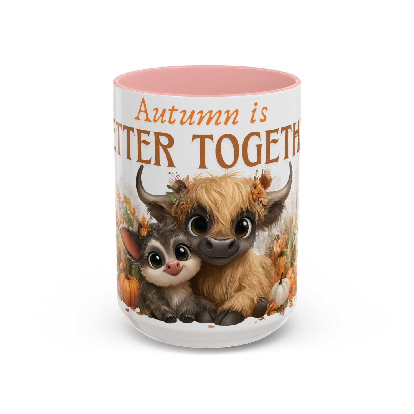 Autumn is Better Together Highland Cow Accent Coffee Mug Fall Mama and Baby Cow Cup White Ceramic with Color Handles 11oz or 15oz
