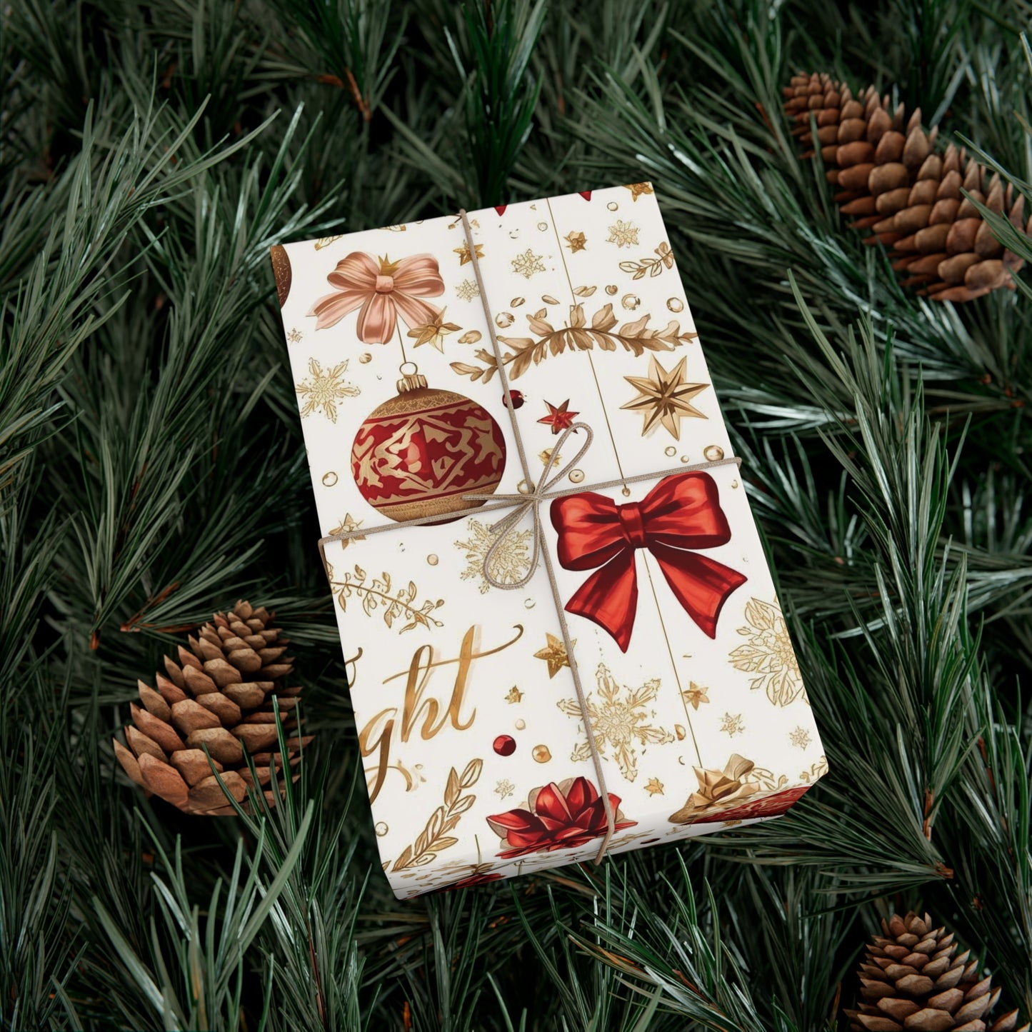 Merry & Bright Christmas Wrapping Paper – Elegant Red, Gold & Silver Ornament Gift Wrap