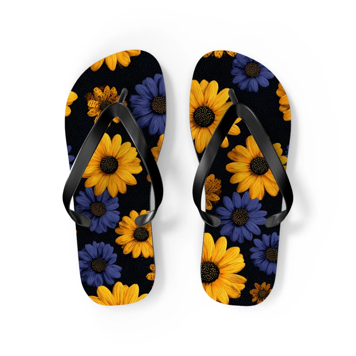 Flip Flops - Daisy Flower Seamless Pattern Retro 90s Vibe Yellow Navy Blue Black Printify