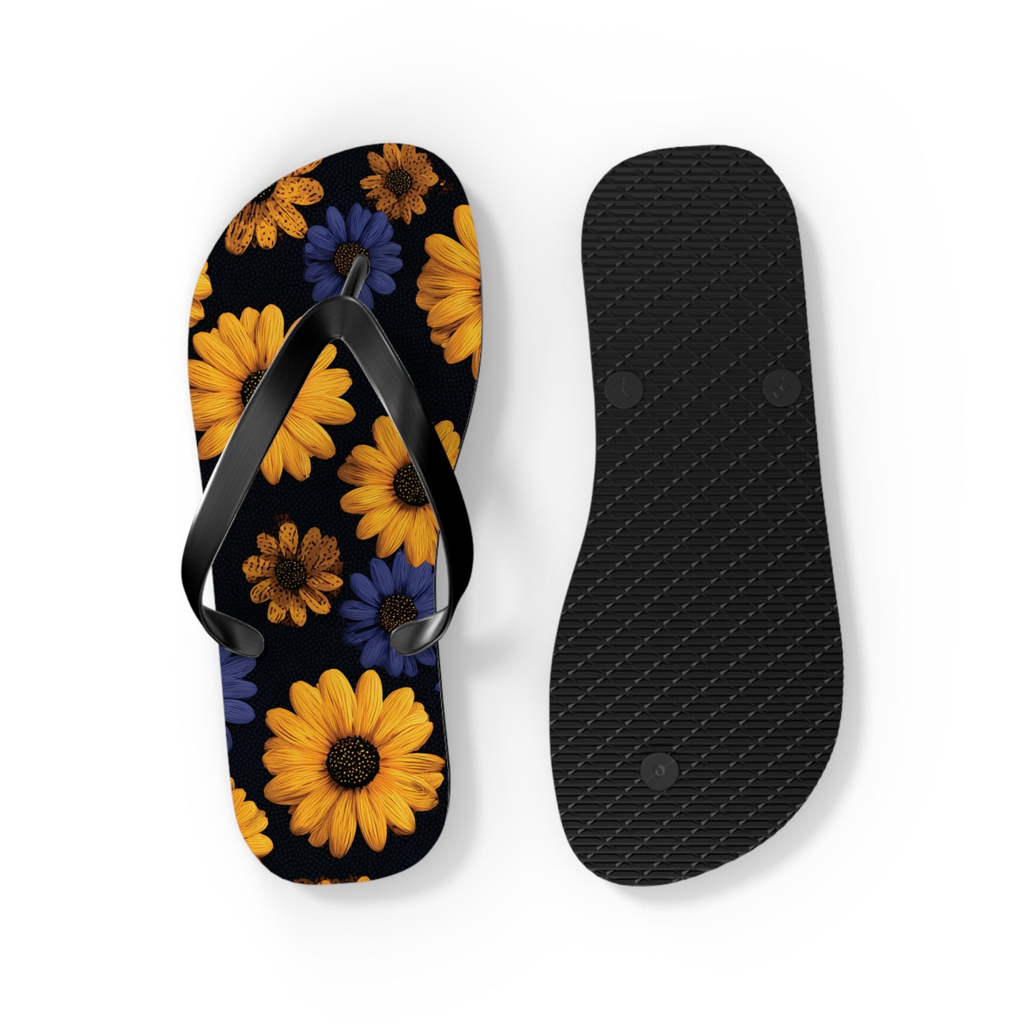 Flip Flops - Daisy Flower Seamless Pattern Retro 90s Vibe Yellow Navy Blue Black