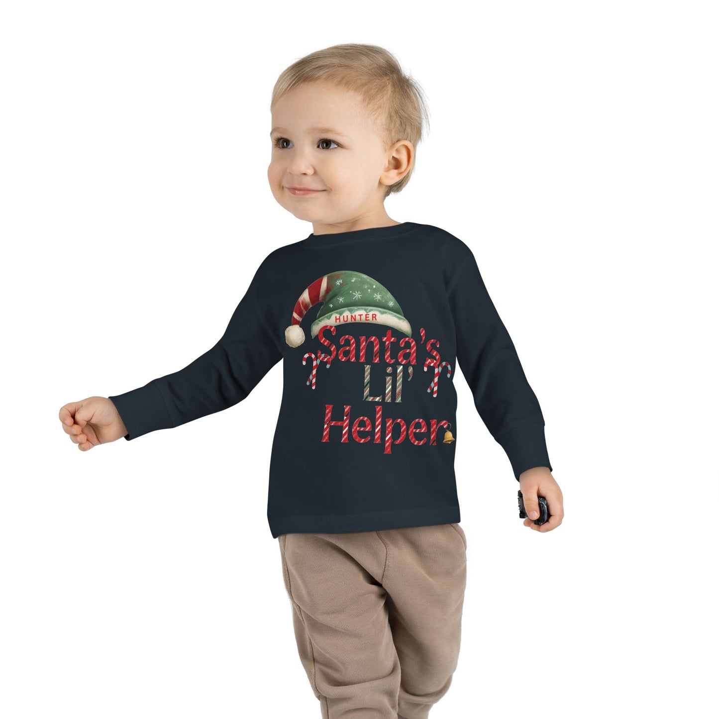 Personalized Toddler Christmas Long Sleeve Tee, Santa's Lil Helper, Holiday Gift, Kids' Winter Wear, Cute Toddler Apparel, Festive Shirt