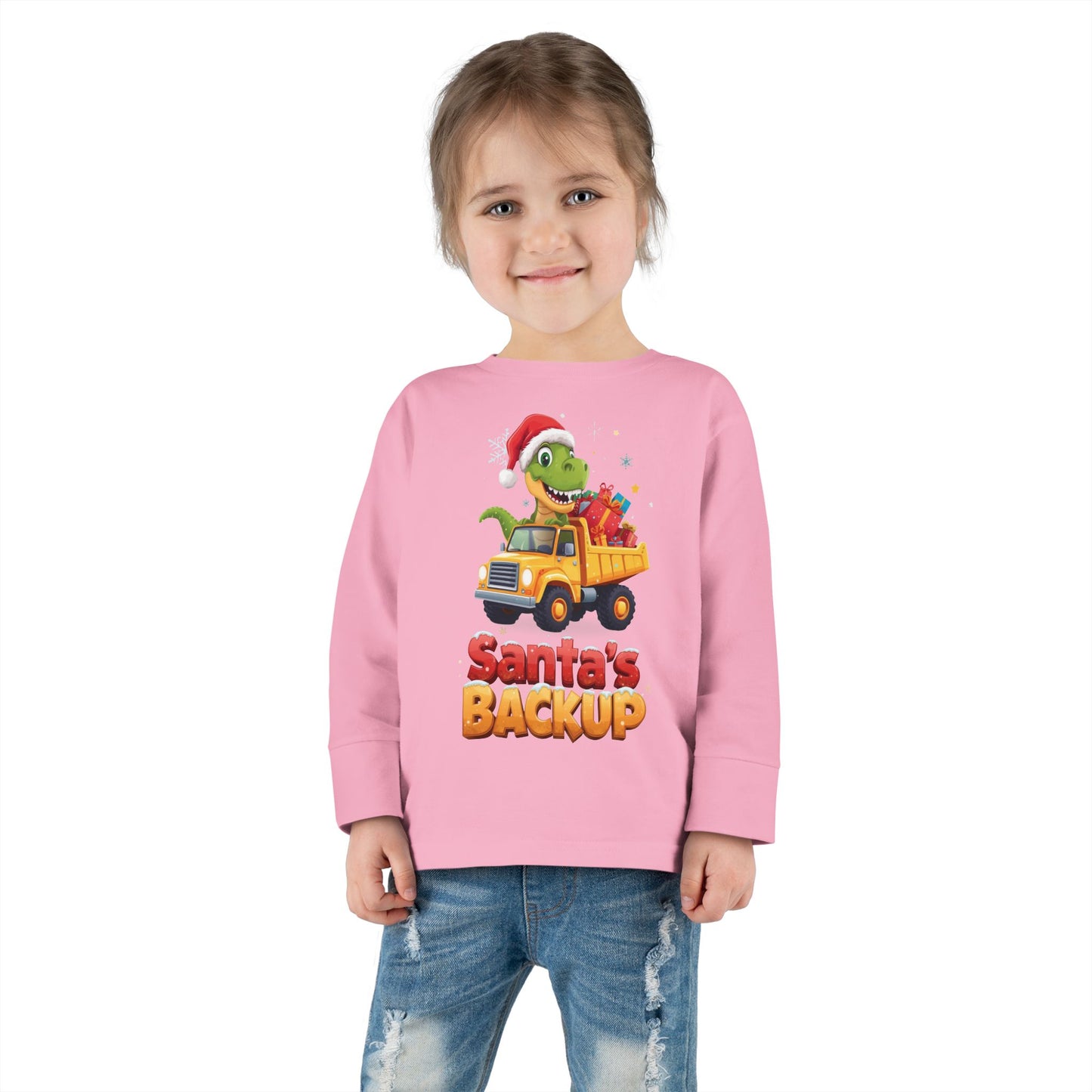 Toddler Long Sleeve Christmas Tee, Santa's Backup Dinosaur Shirt, Holiday Gift for Kids, Cute Xmas Outfit, Fun Christmas Apparel