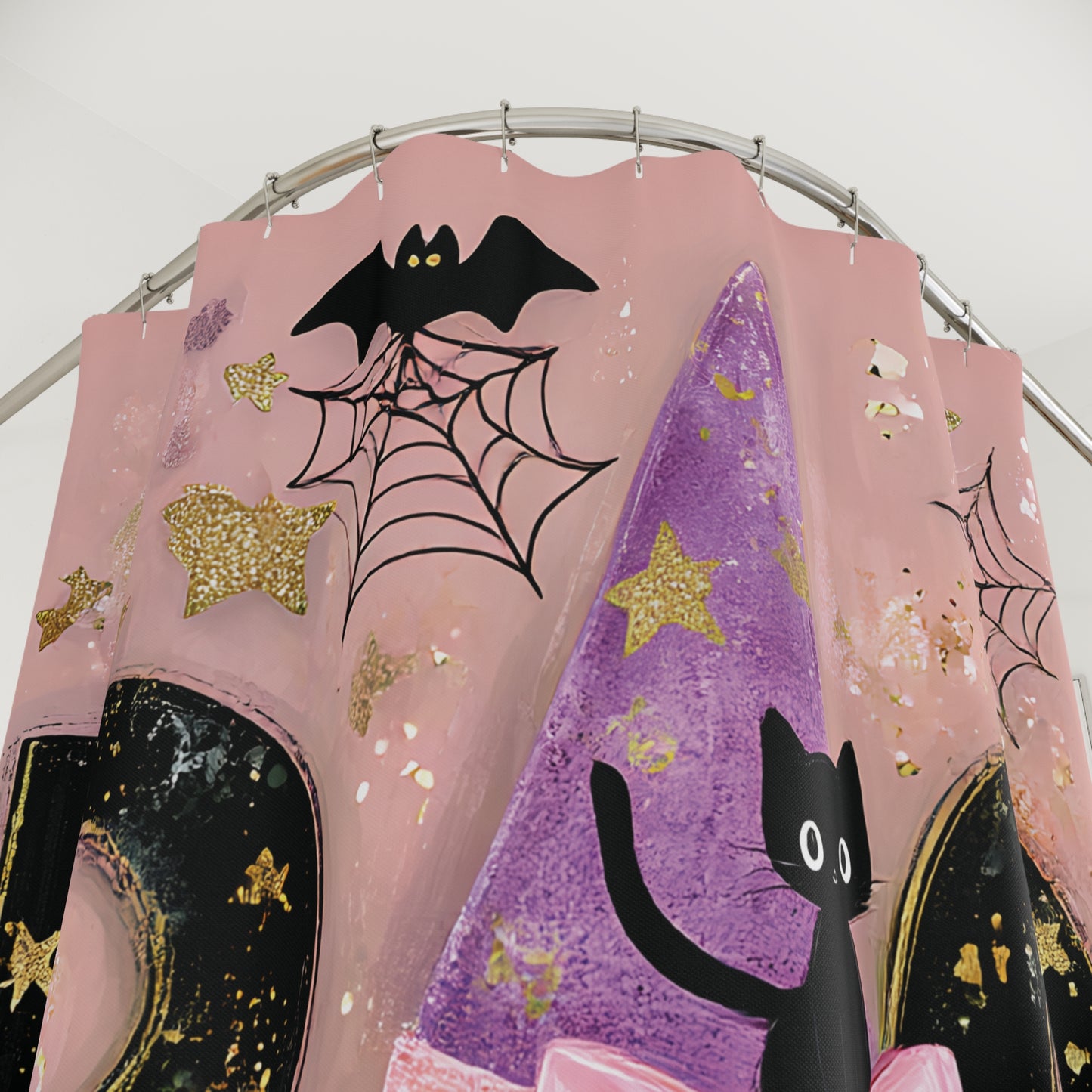 Halloween Decor Shower Curtain, Spooky Bathroom Ideas, Cute Jack-o'-Lantern, Witch Theme, Kid-Friendly