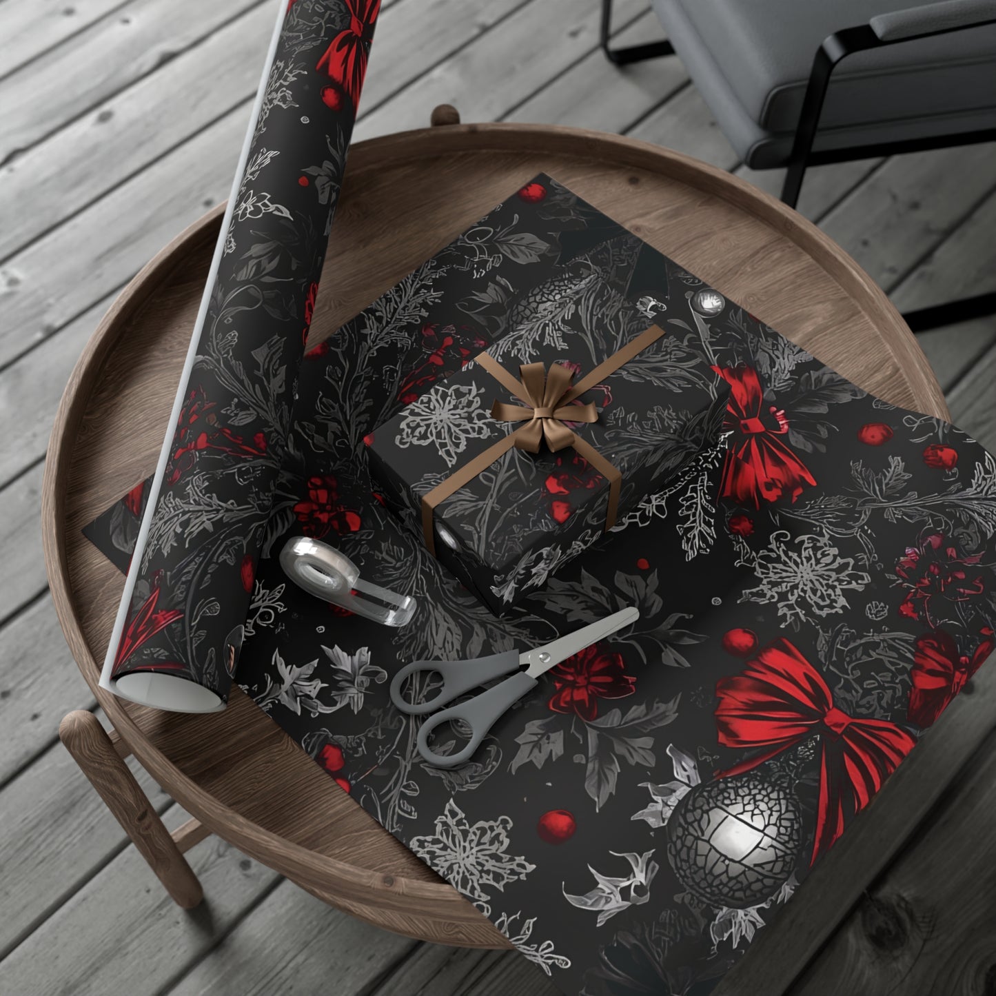 Elegant Victorian Gothic Christmas Wrapping Paper – Dark Holiday Gift Wrap with Red Bows & Snowflakes