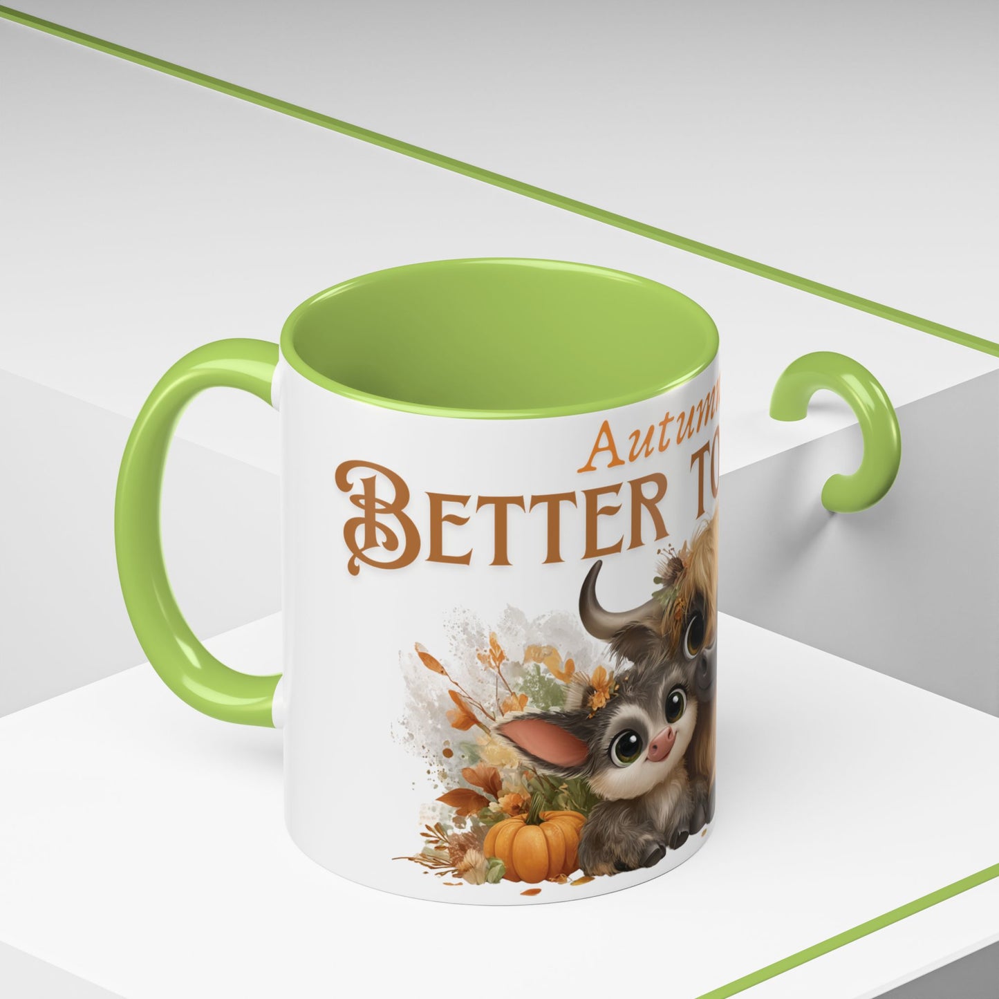 Autumn is Better Together Highland Cow Accent Coffee Mug Fall Mama and Baby Cow Cup White Ceramic with Color Handles 11oz or 15oz