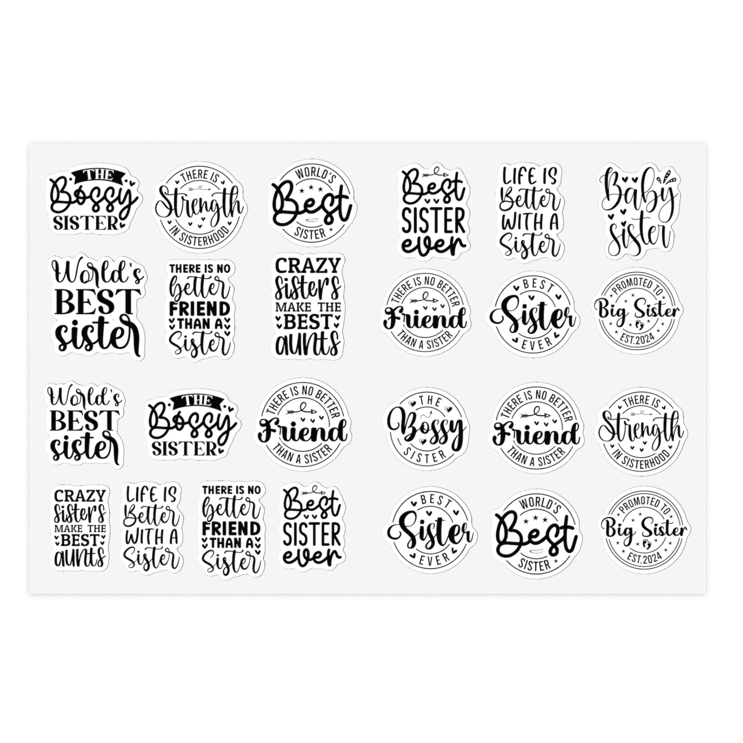Sisterhood Sticker Bundle | 5 Sheets (125 Stickers) | White, Transparent or Holographic | Big Sister, Little Sis, Best Sister Gift