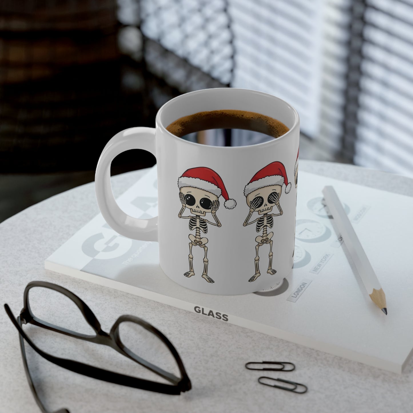 Christmas Skeleton Jumbo Mug Hear No Evil See No Evil Speak No Evil Skeletons with Merry Christmas Lights Gothic Holiday Coffee Cup