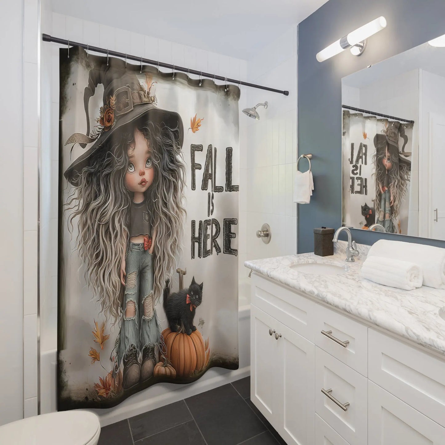 Whimsical Fall Shower Curtain with Witch Design, Autumn Decor, Bathroom Accessories, Halloween Decor, Gift for Her, Seasonal Home Decor Printify