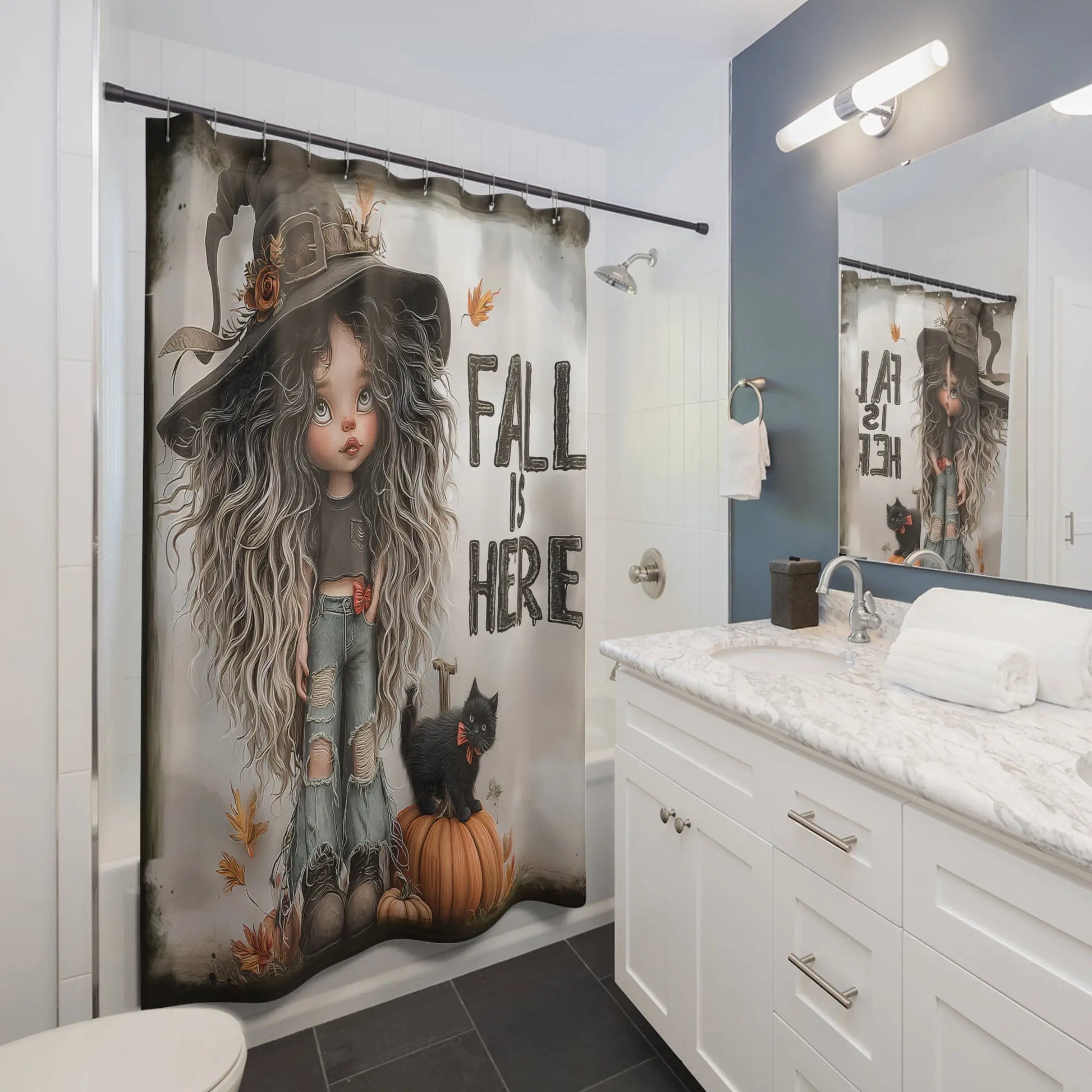 Whimsical Fall Shower Curtain with Witch Design, Autumn Decor, Bathroom Accessories, Halloween Decor, Gift for Her, Seasonal Home Decor Printify