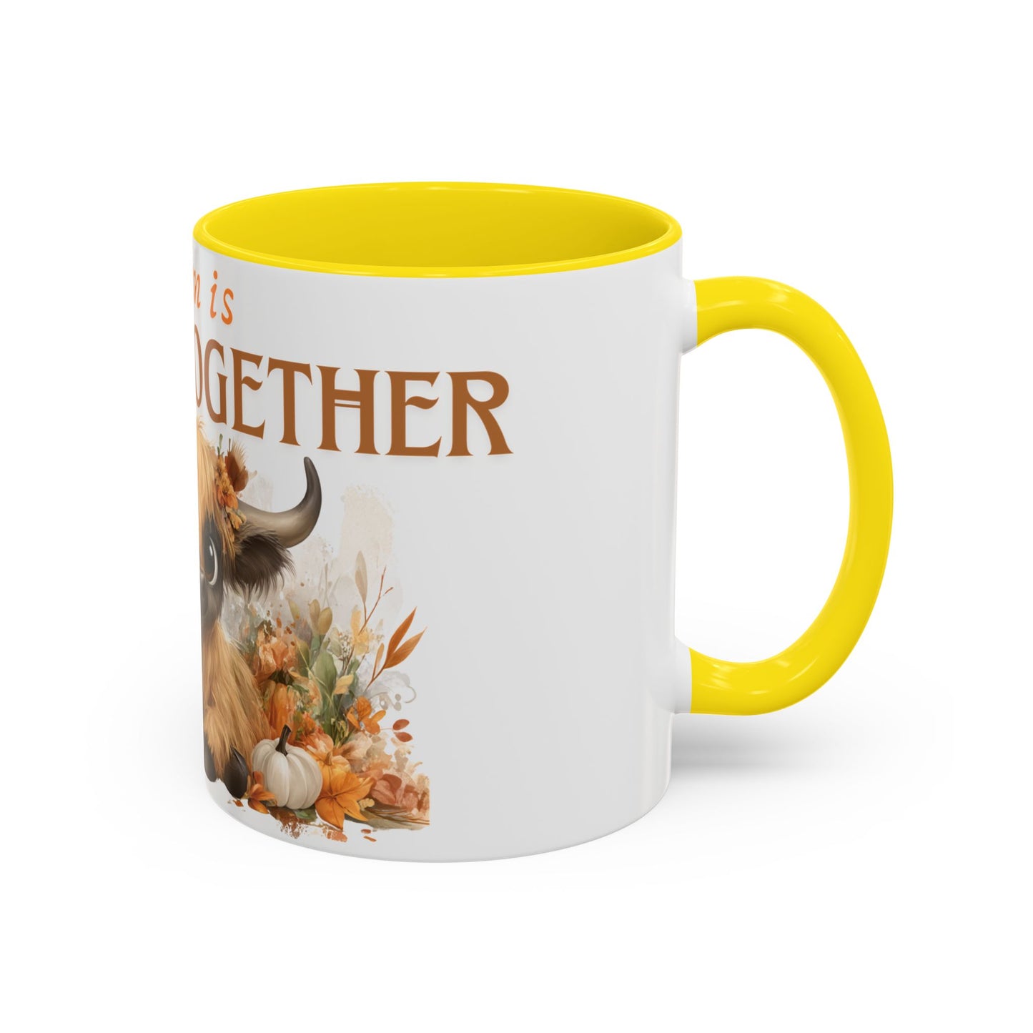 Autumn is Better Together Highland Cow Accent Coffee Mug Fall Mama and Baby Cow Cup White Ceramic with Color Handles 11oz or 15oz