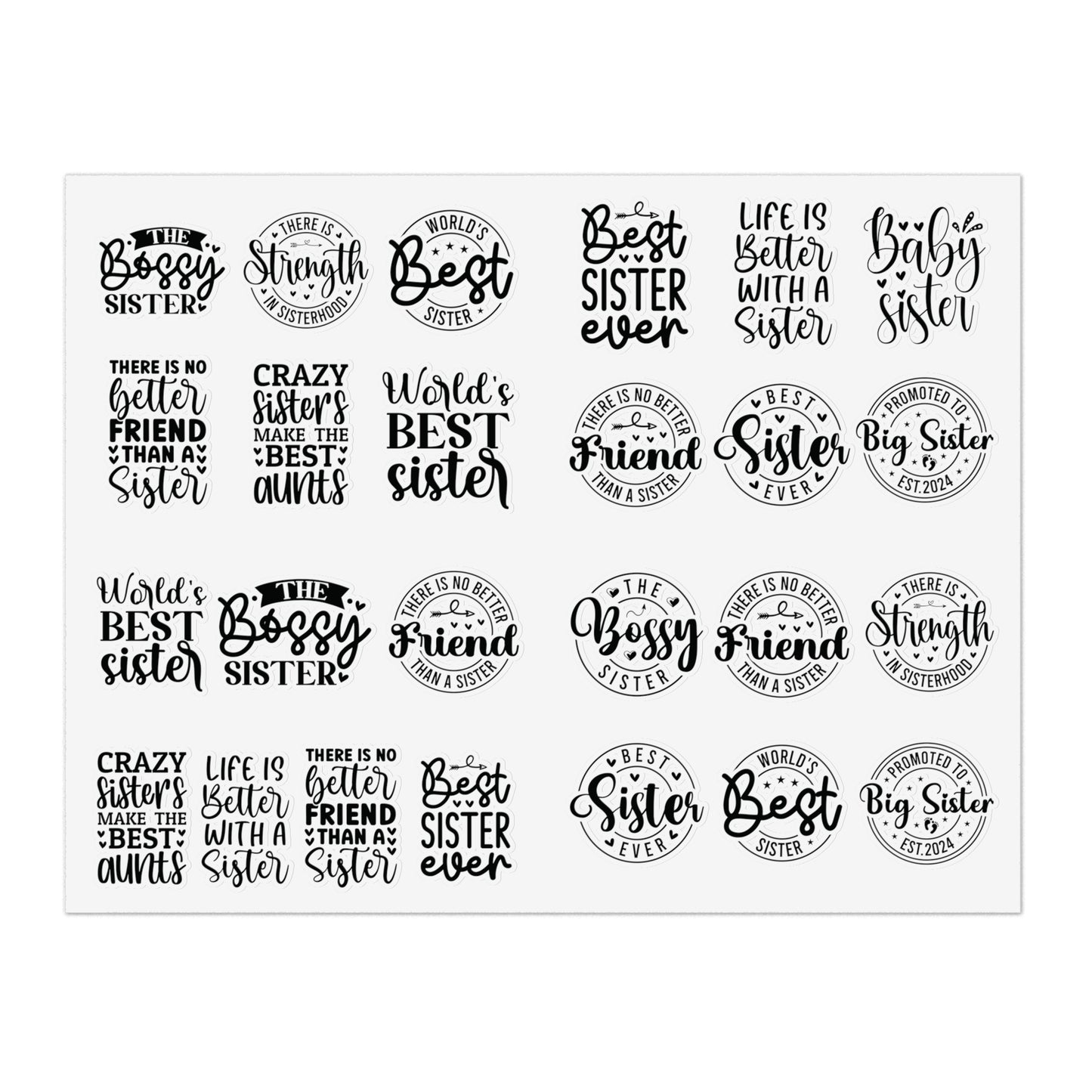 Sisterhood Sticker Bundle | 5 Sheets (125 Stickers) | White, Transparent or Holographic | Big Sister, Little Sis, Best Sister Gift