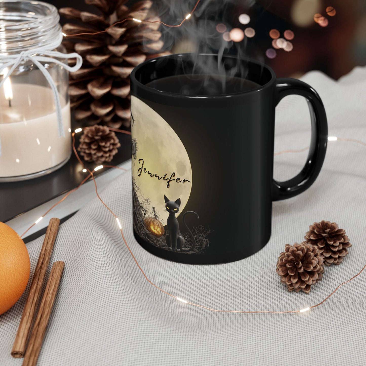Personalized Halloween Witch Mug with Black Cat & Moon – Custom Name – 11oz / 15oz Black Glossy Ceramic Coffee Cup