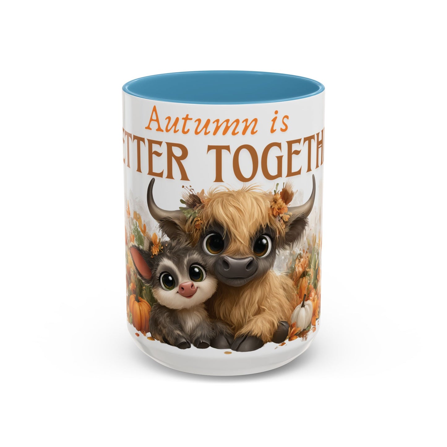 Autumn is Better Together Highland Cow Accent Coffee Mug Fall Mama and Baby Cow Cup White Ceramic with Color Handles 11oz or 15oz