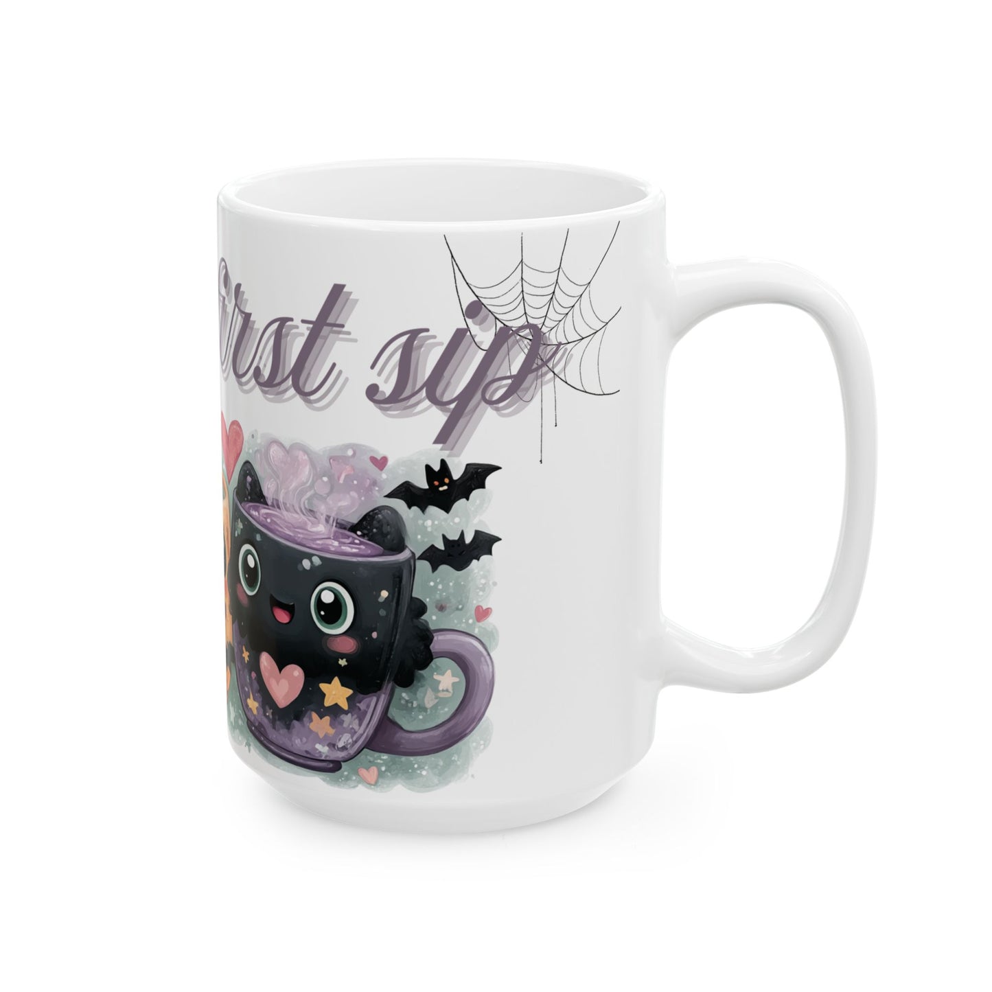 Whimsical Bat Ceramic Mug, Love at First Sip Kawaii Style Coffee Cup, 11oz, 15oz - Halloween Gift, Animal Lover, Cute Kitchen Decor, Vampire