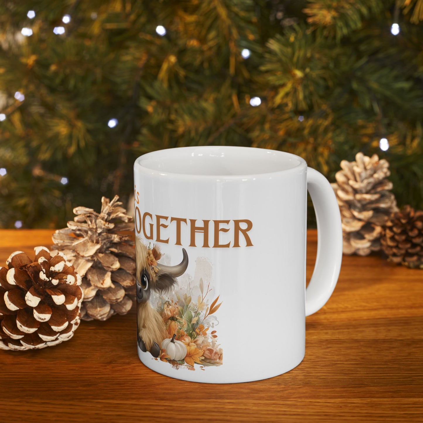 Fall is Better Together Highland Cow Mug Cute Autumn Coffee Cup with Mama and Baby Cow Pumpkins and Florals White Ceramic Mug 11oz or 15oz