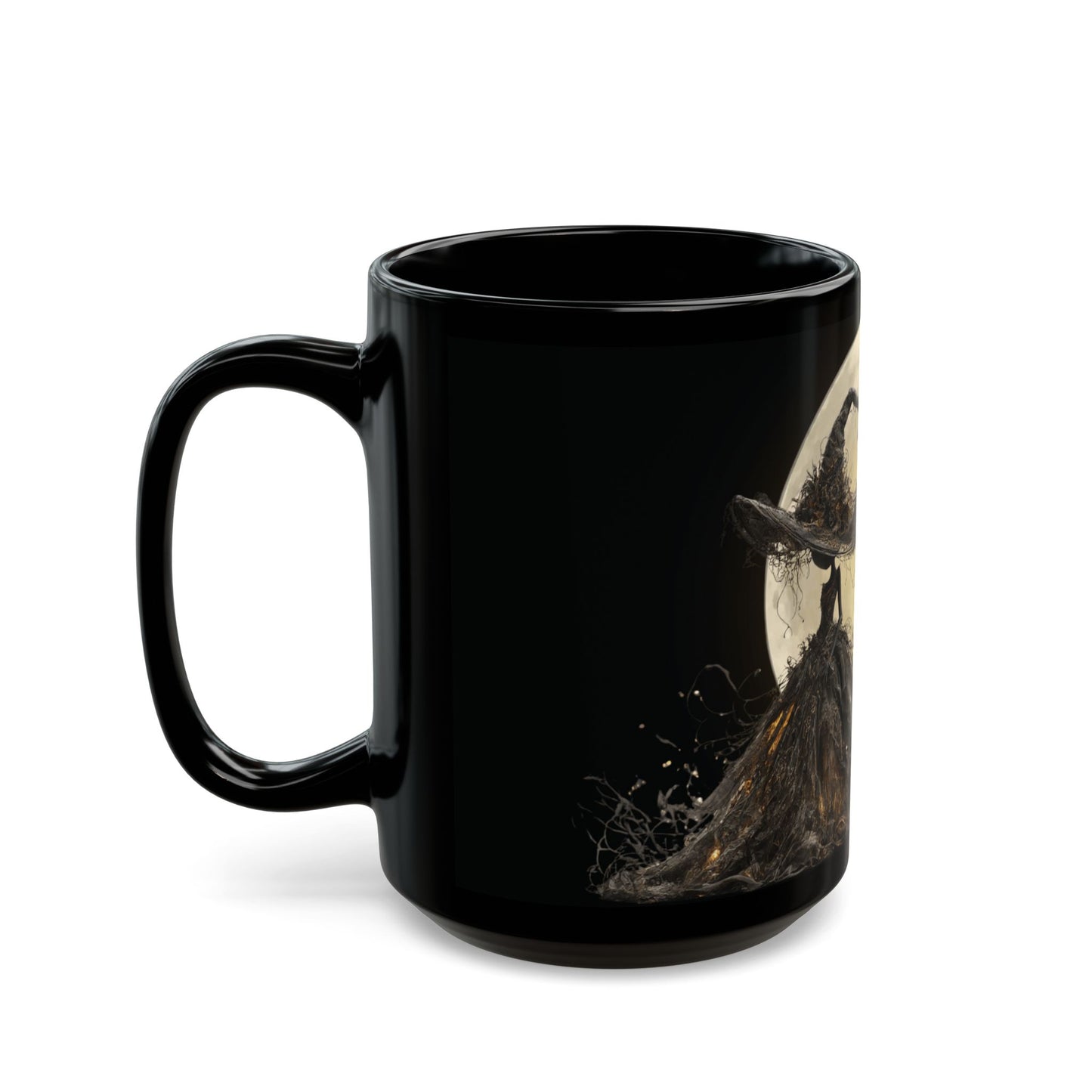 Personalized Halloween Witch Mug with Black Cat & Moon – Custom Name – 11oz / 15oz Black Glossy Ceramic Coffee Cup