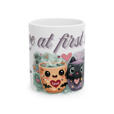 Whimsical Bat Ceramic Mug, Love at First Sip Kawaii Style Coffee Cup, 11oz, 15oz - Halloween Gift, Animal Lover, Cute Kitchen Decor, Vampire