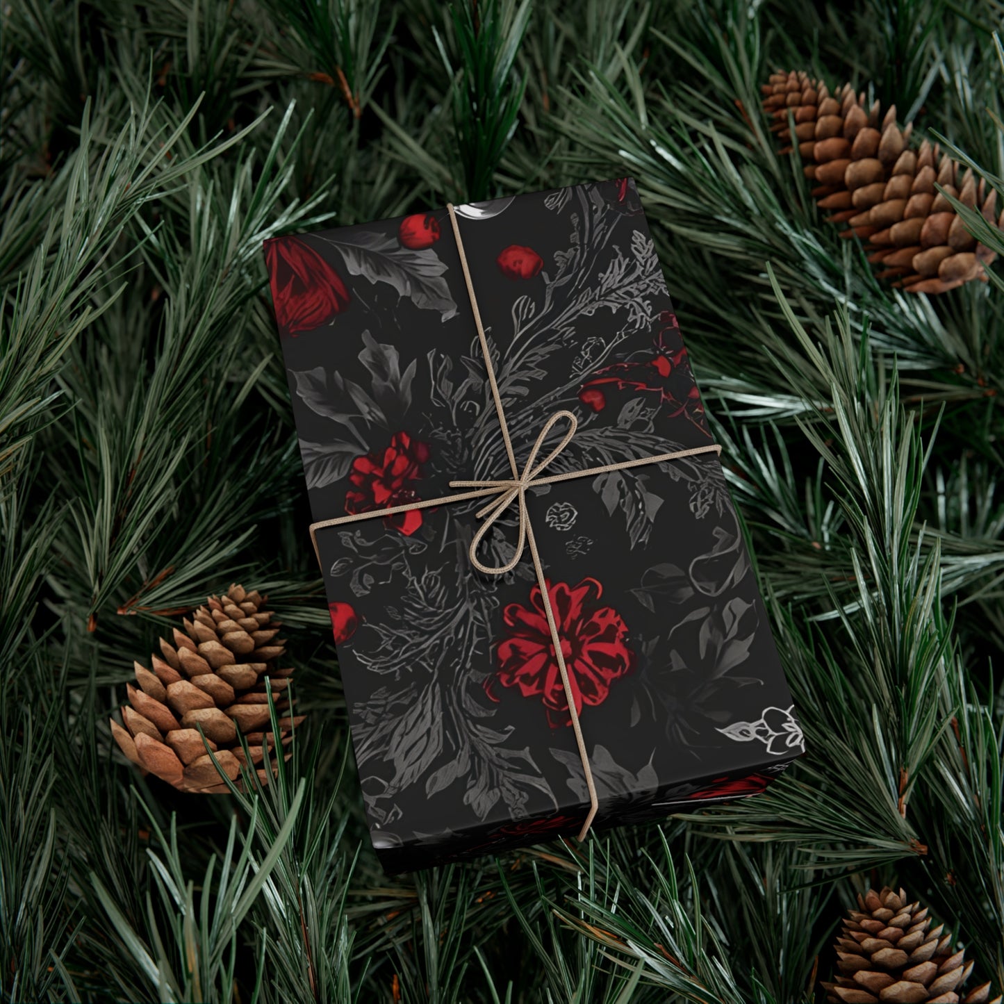 Elegant Victorian Gothic Christmas Wrapping Paper – Dark Holiday Gift Wrap with Red Bows & Snowflakes