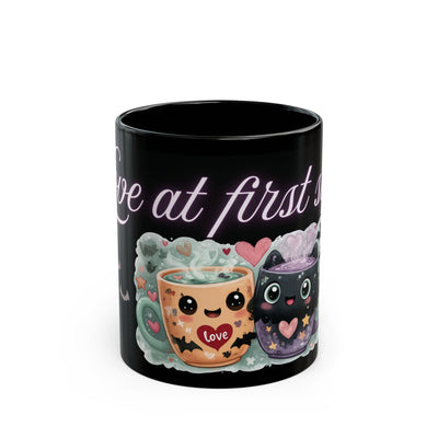 Whimsical Bat Mug, Love at First Sip Coffee Cup, Halloween Gift, Gothic Home Decor, Spooky Tea Mug, Unique Mugs Cute Bat Design - Black