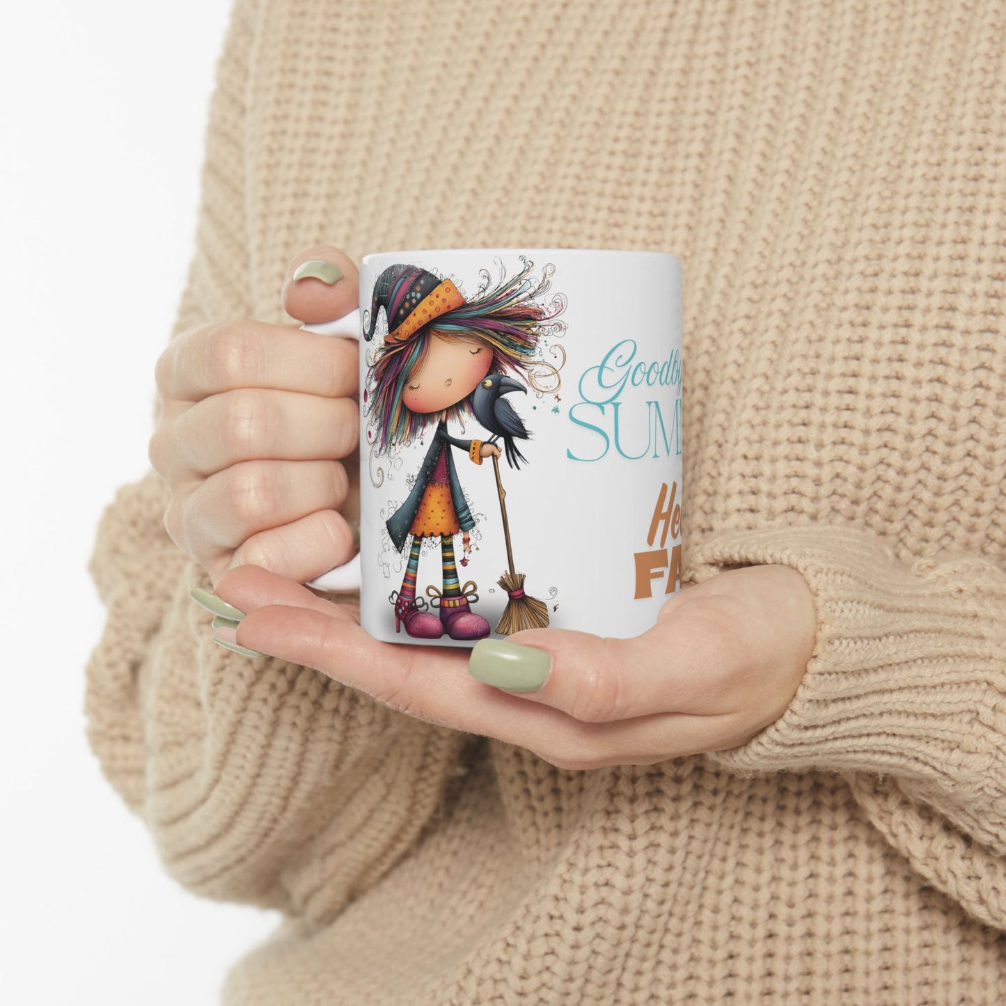 Ceramic Mug, Goodbye Summer Hello Fall Whimsical Witch Design, Halloween Coffee Cup, Autumn Kitchen Decor, Witchy Tea Mug, Fall Decor Gift