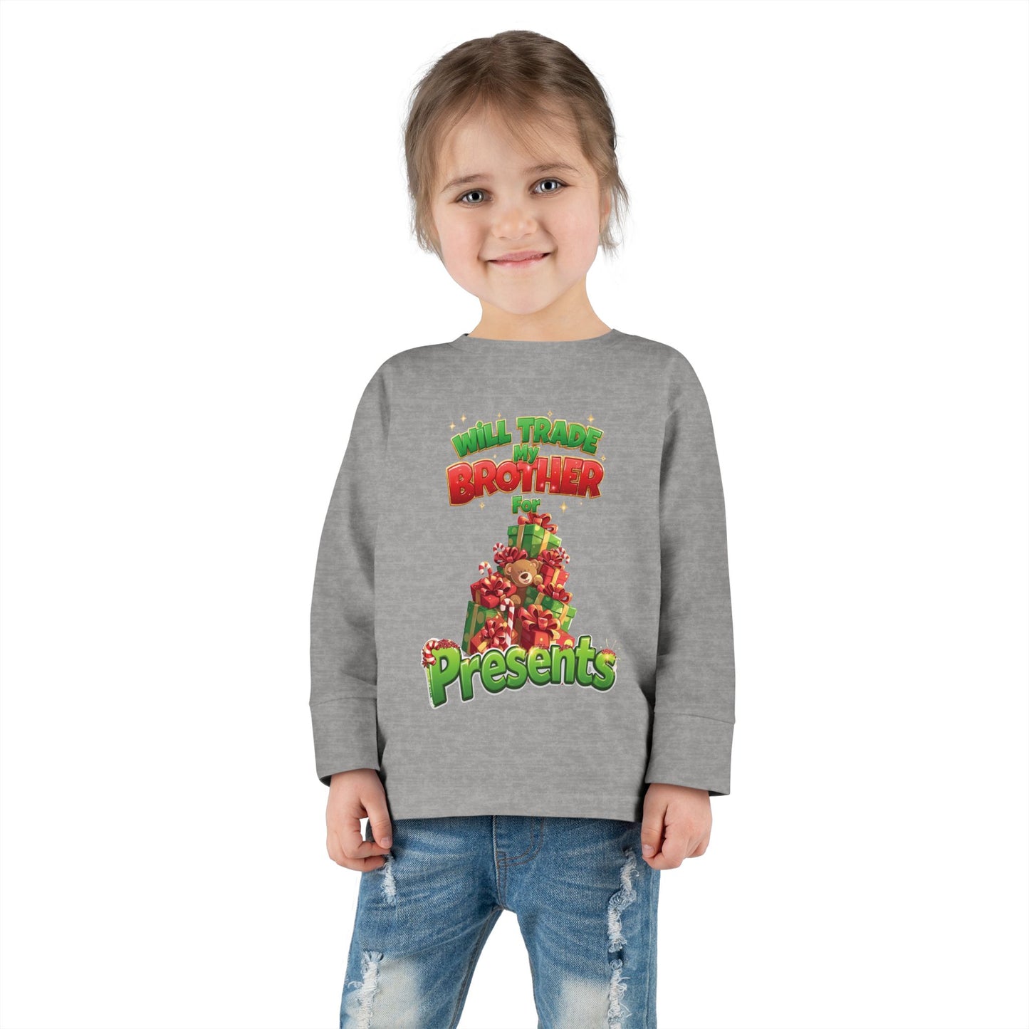 Toddler Christmas Long Sleeve Tee with 'Will Trade Brother for Presents' Design, Kids Holiday T-Shirt, Christmas Gift for Toddlers