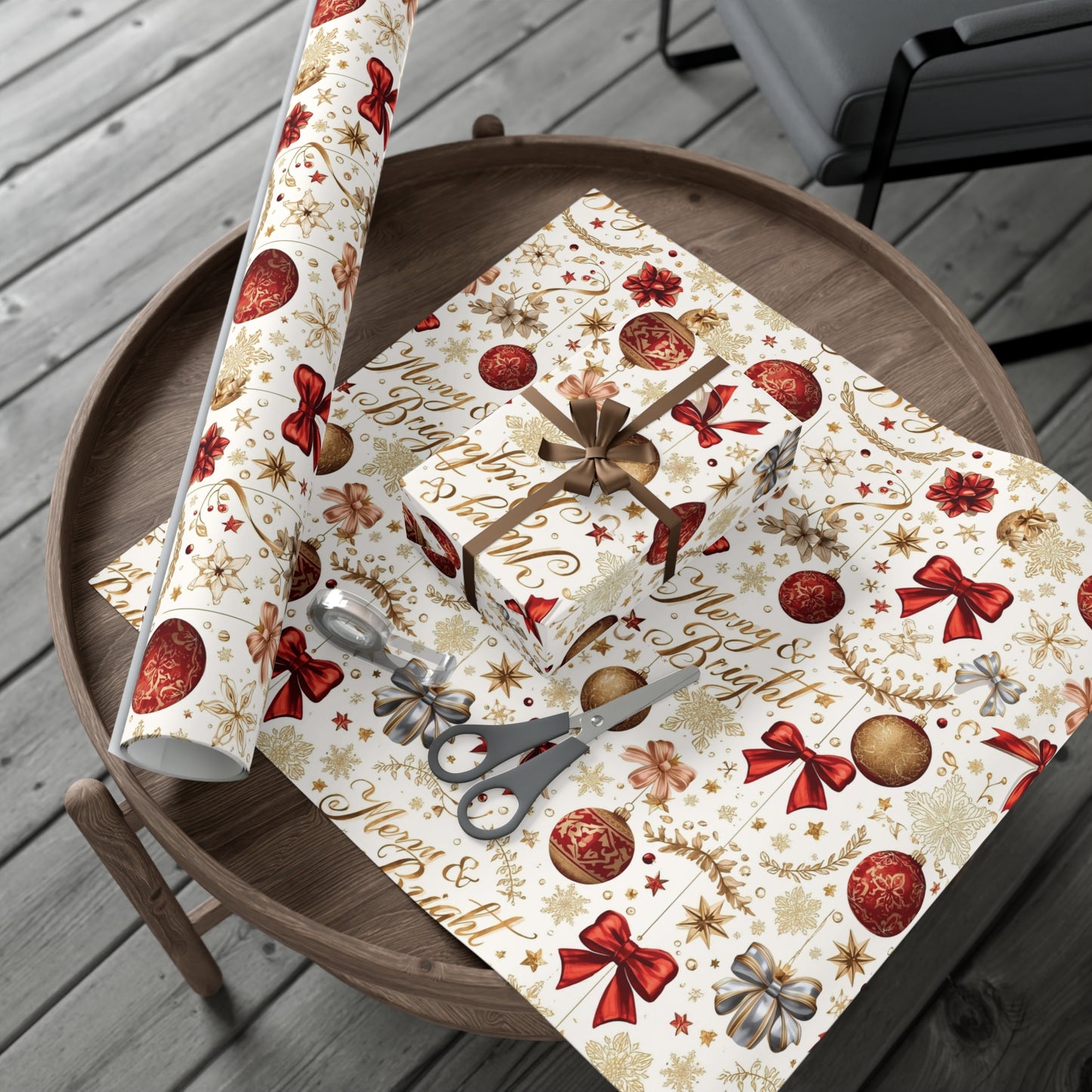 Merry & Bright Christmas Wrapping Paper – Elegant Red, Gold & Silver Ornament Gift Wrap