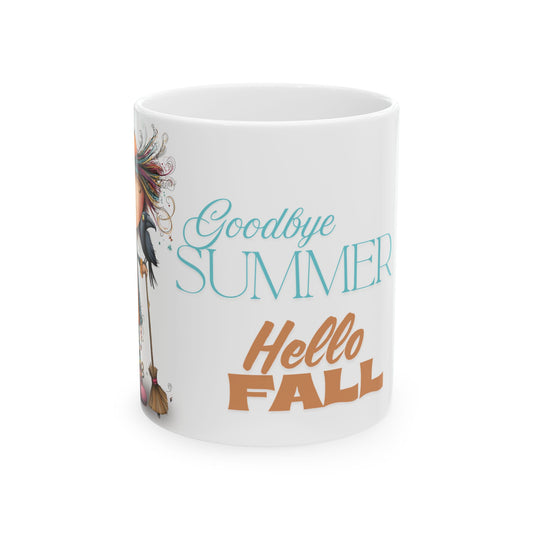 Ceramic Mug, Goodbye Summer Hello Fall Whimsical Witch Design, Halloween Coffee Cup, Autumn Kitchen Decor, Witchy Tea Mug, Fall Decor Gift