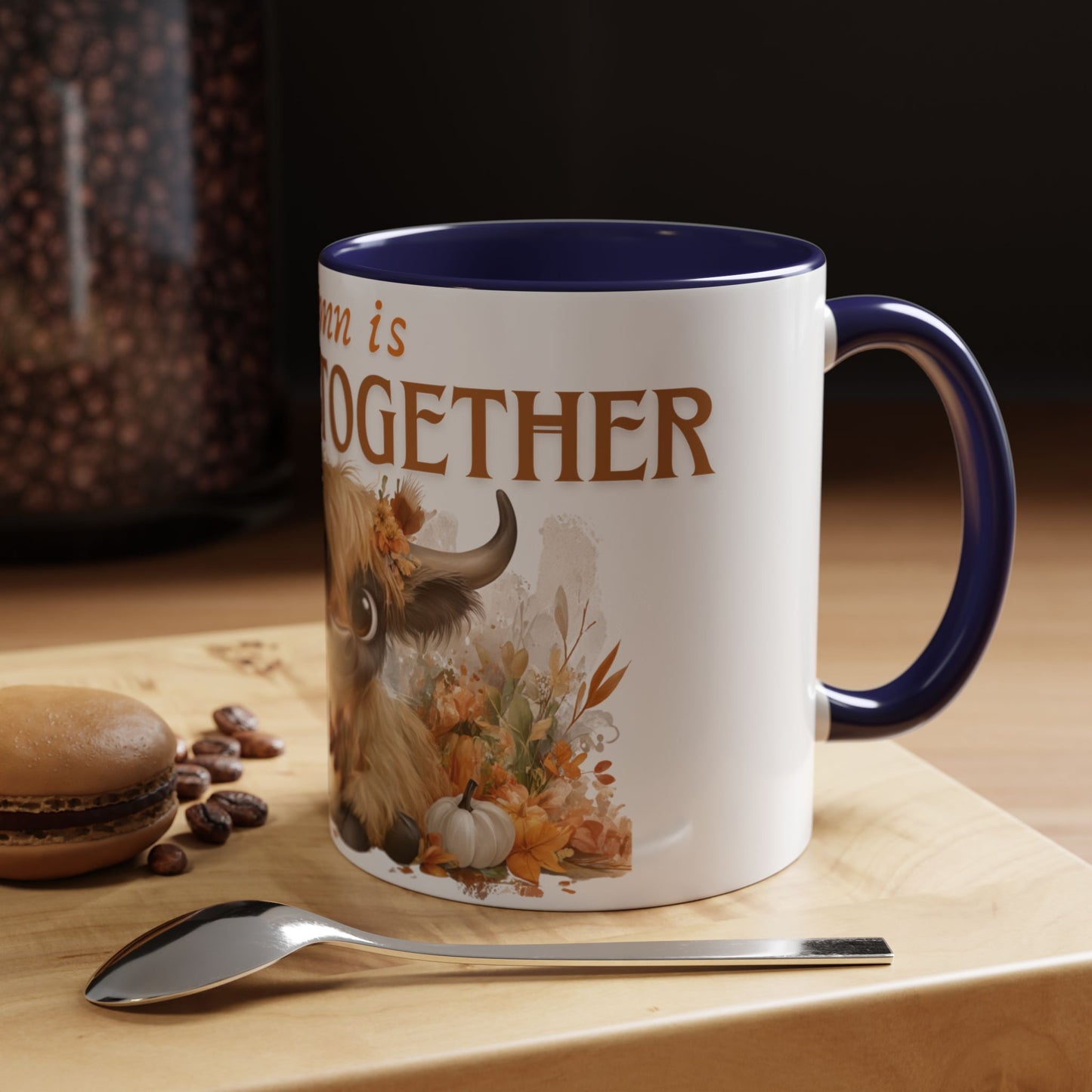 Autumn is Better Together Highland Cow Accent Coffee Mug Fall Mama and Baby Cow Cup White Ceramic with Color Handles 11oz or 15oz