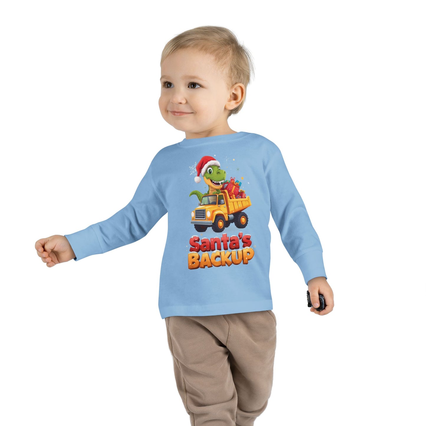 Toddler Long Sleeve Christmas Tee, Santa's Backup Dinosaur Shirt, Holiday Gift for Kids, Cute Xmas Outfit, Fun Christmas Apparel