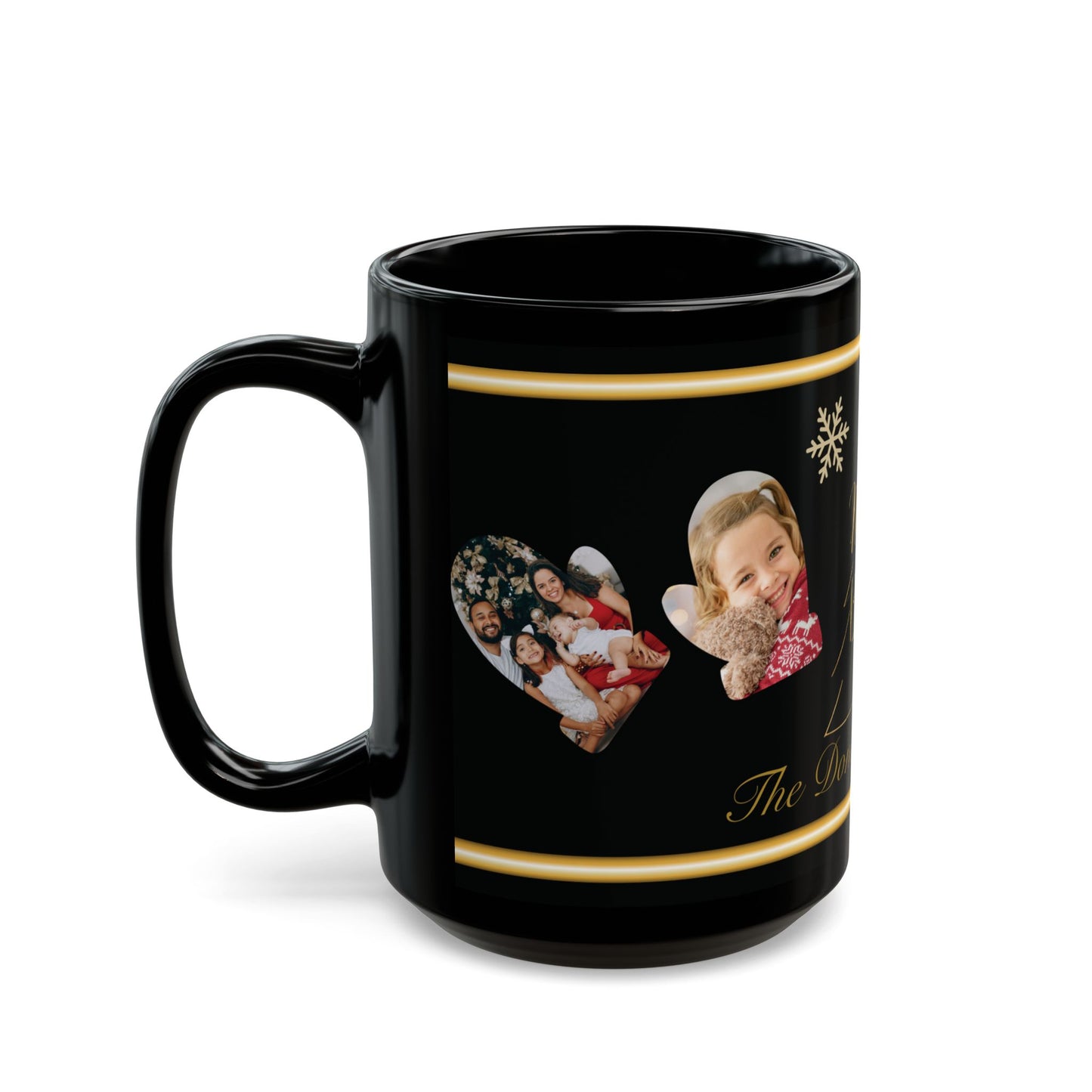 Custom Family Name Christmas Photo Mug – Personalized Holiday Pictures, Add Name & Year, Merry & Bright Gold Wrap, 11oz & 15oz Black Ceramic